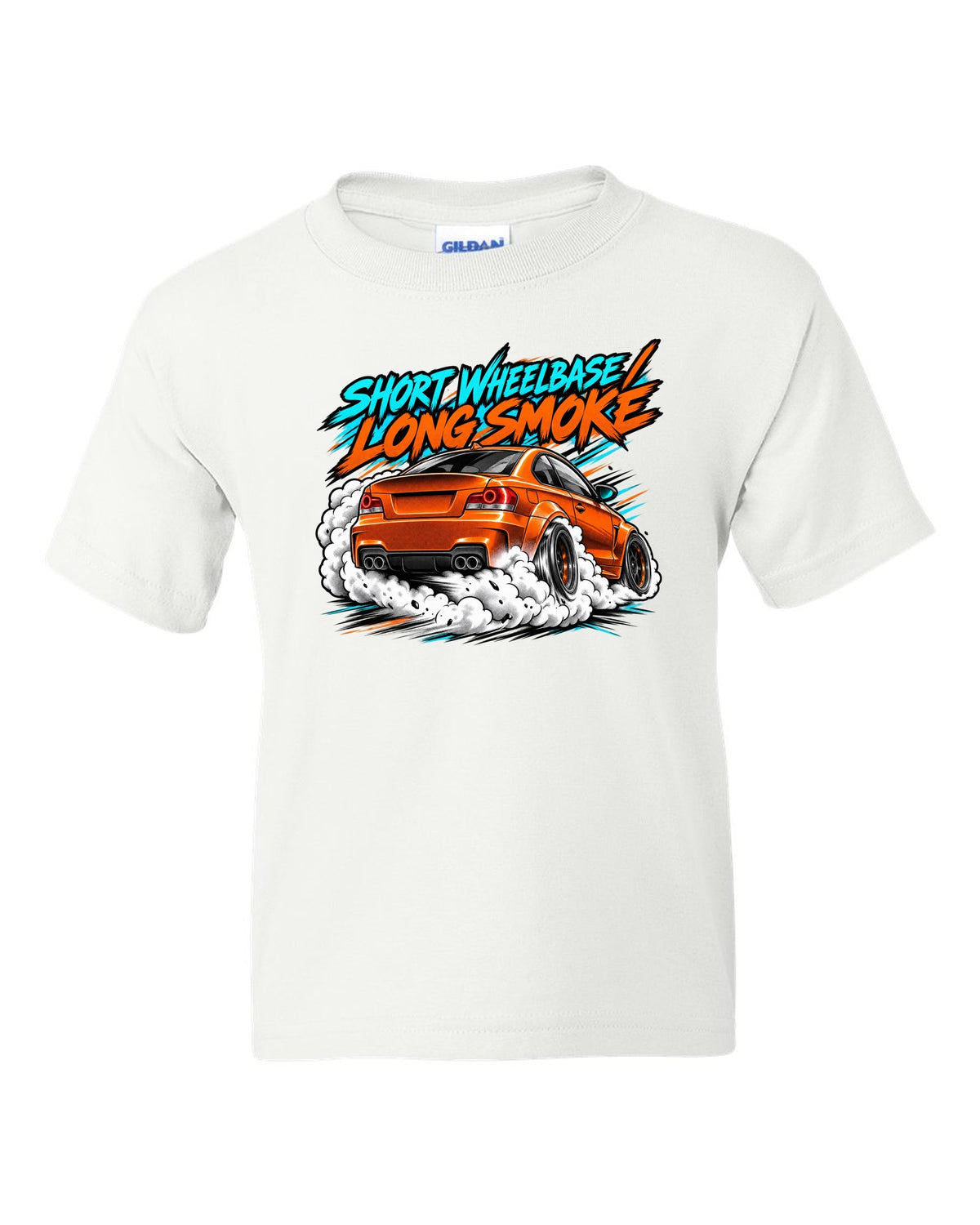 Retro manga halftone panel print of a BMW 1 Series M Coupe E82 burnout white kids tee front view with the design