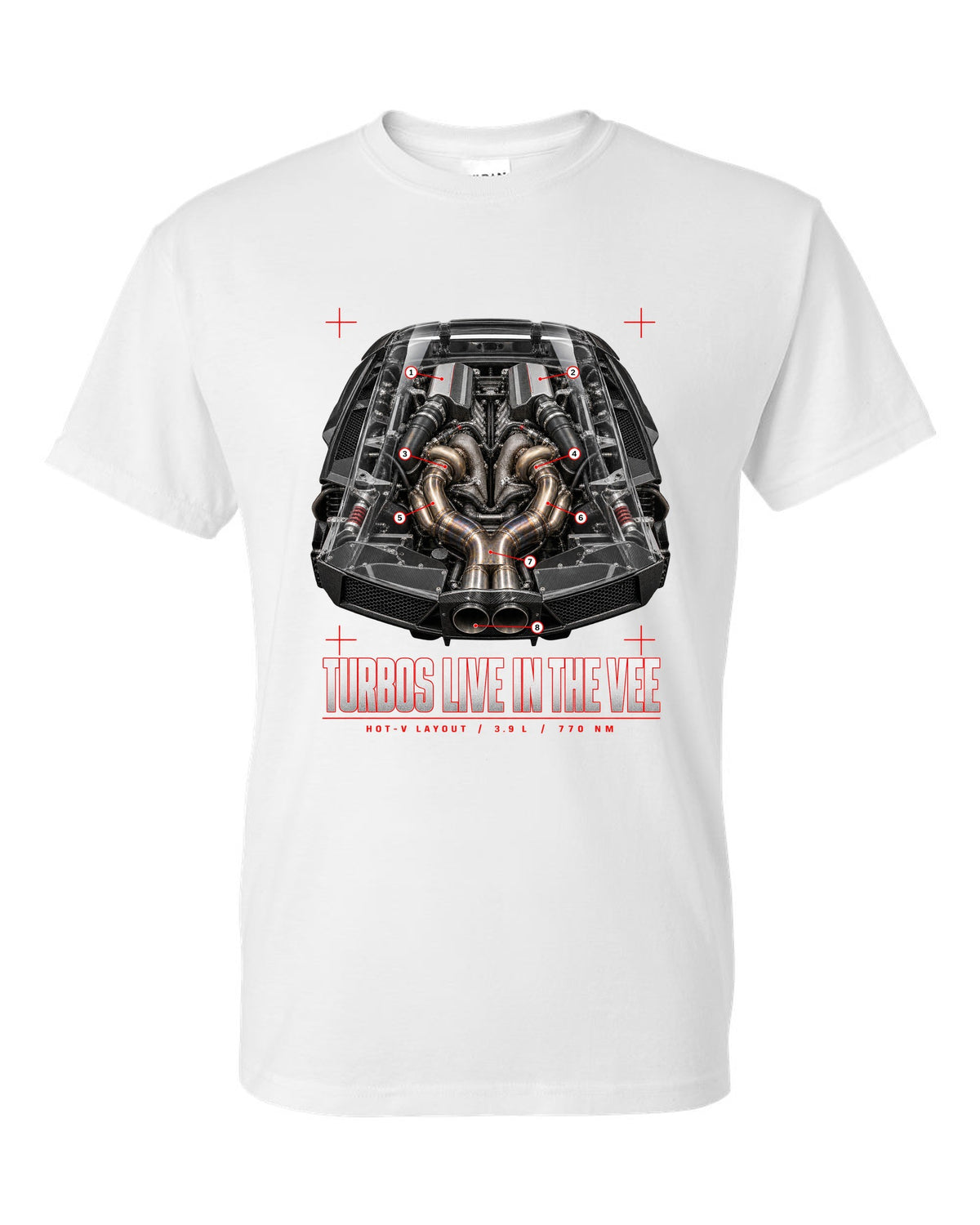 Engine cover callout print of a Ferrari F8 Tributo with hot-V layout, 3.9 L and 770 Nm white t-shirt front view with the design
