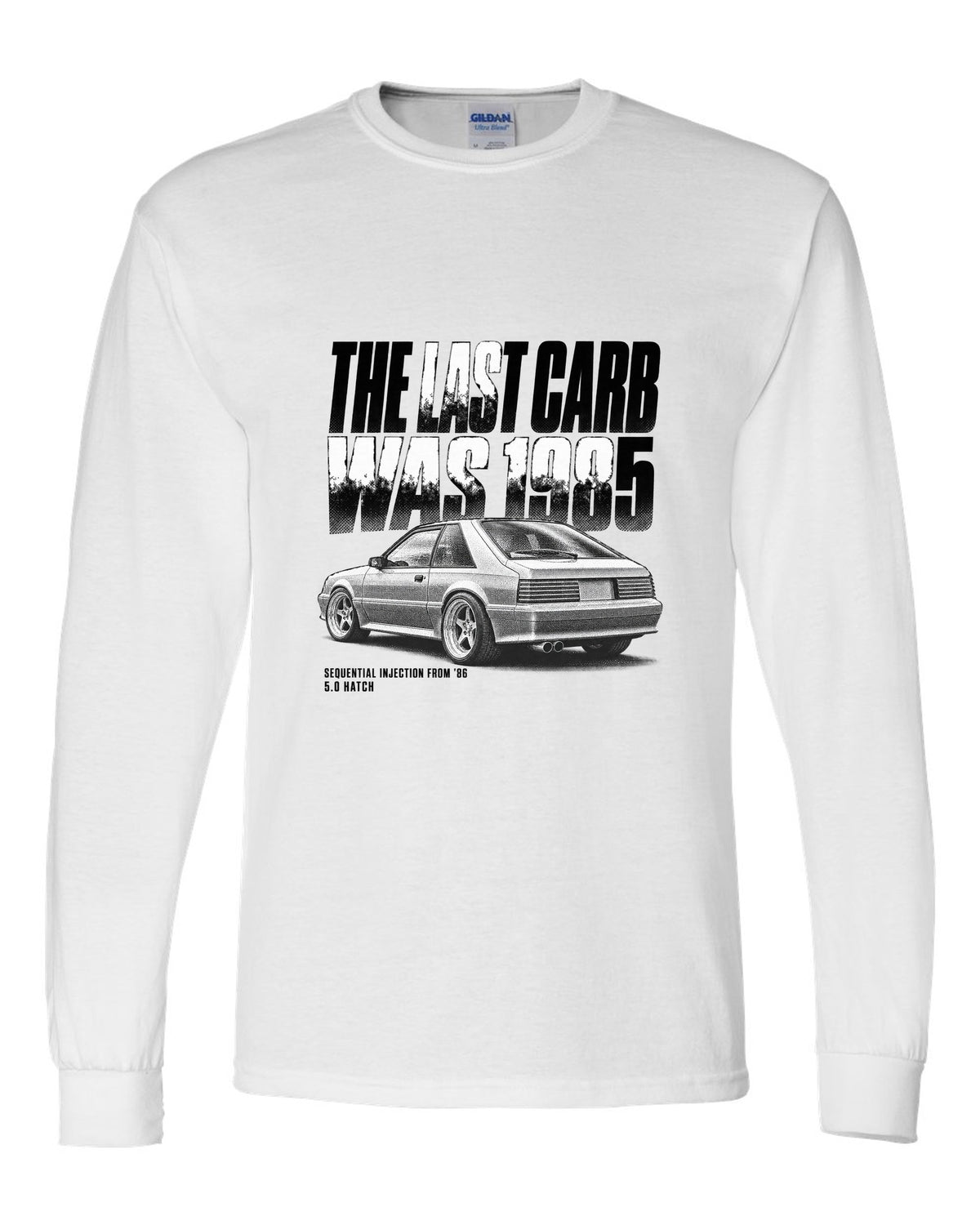 Halftone print of a 1986-89 Ford Mustang Fox Body GT chback white long sleeve front view with the design