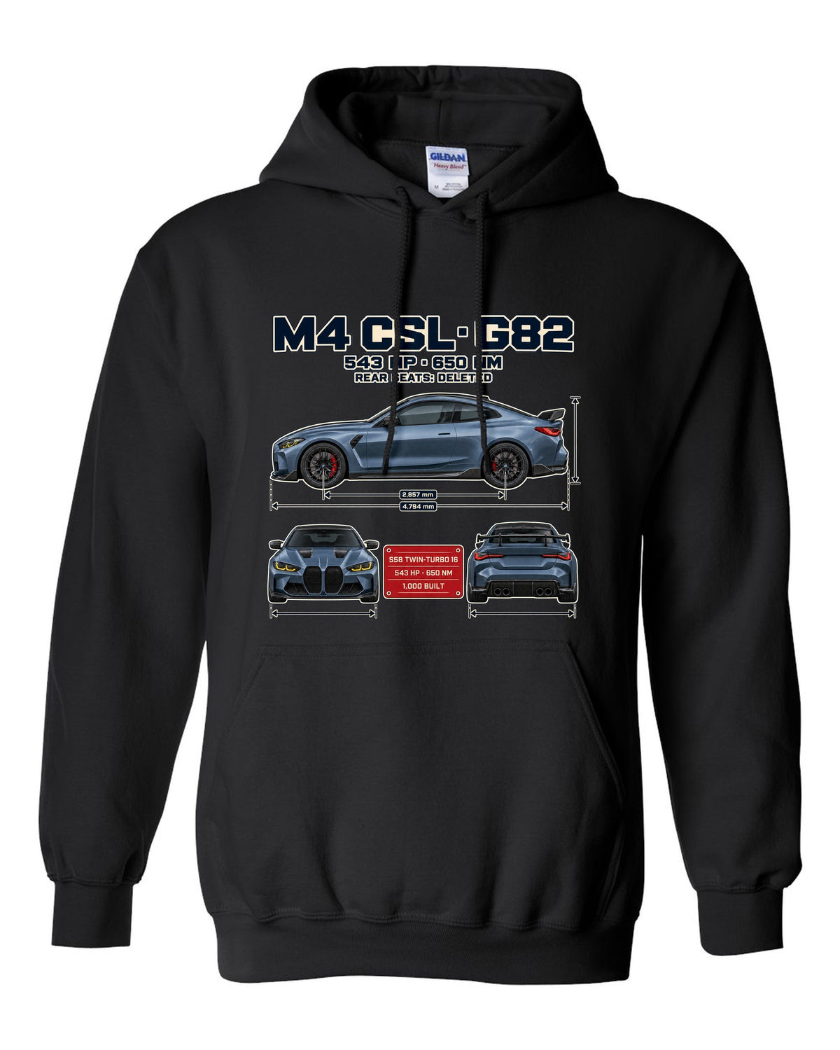 BMW M4 CSL G82 three-view spec table print black pull over hoodie front view with the design