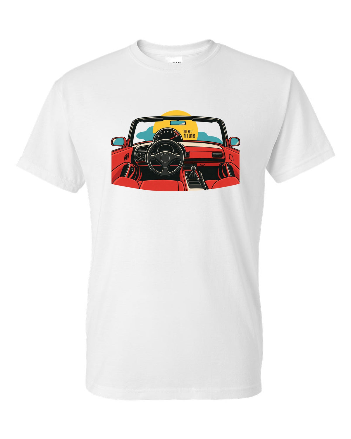 Minimal single-line contour art of a Honda S2000 AP1 with 120 HP per litre text white t-shirt front view with the design
