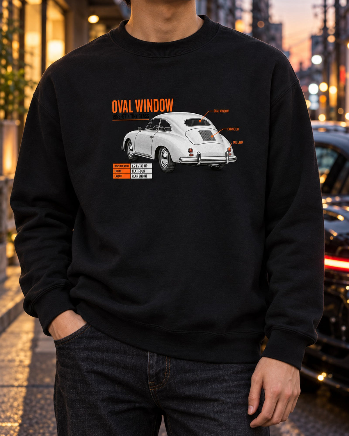 VW Beetle Oval Window 1953-57 Spec Poster Shirt, Car Tee Crewneck Black worn hero
