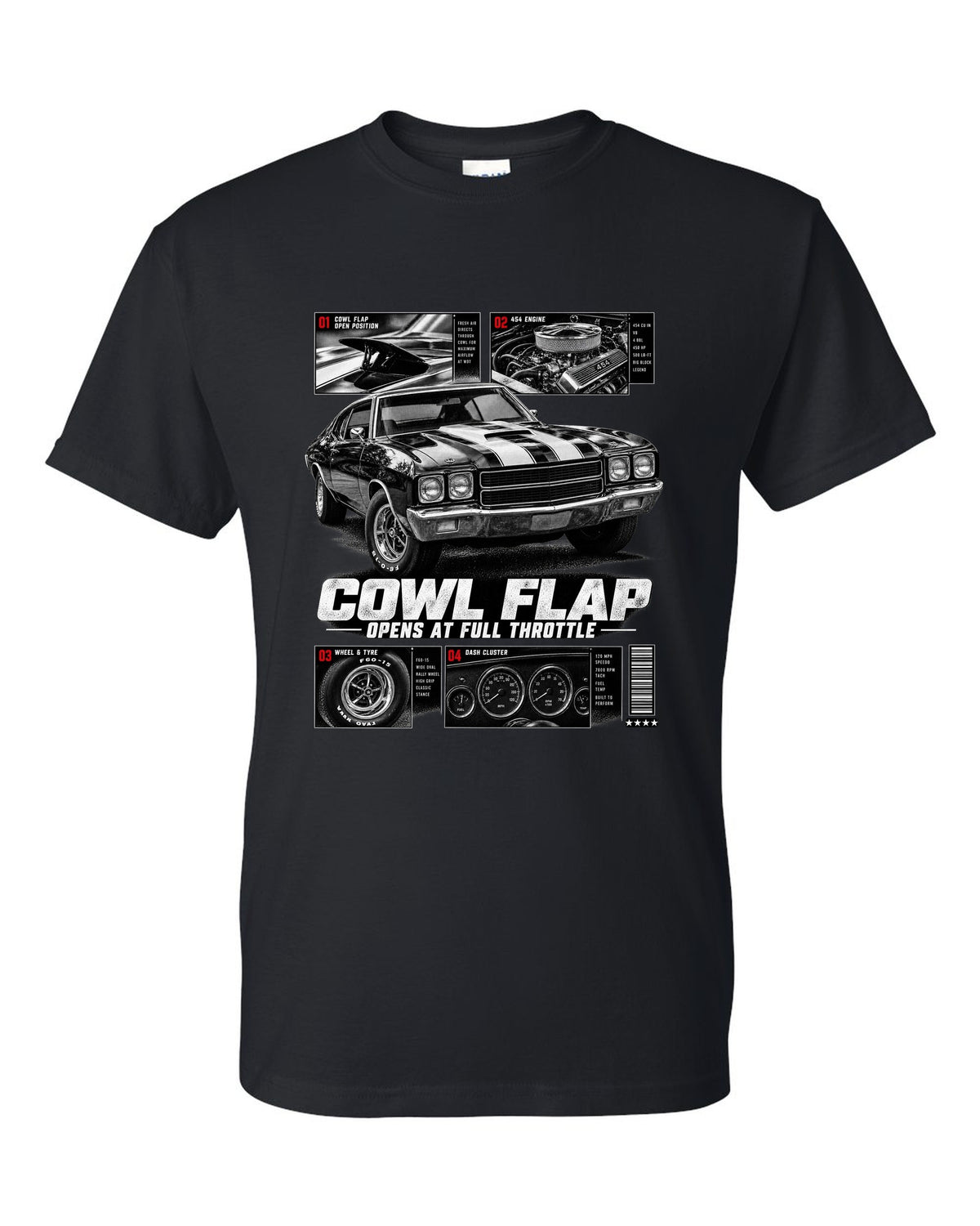1970 Chevelle SS 454 dossier panel print with cowl flap detail black t-shirt front view with the design
