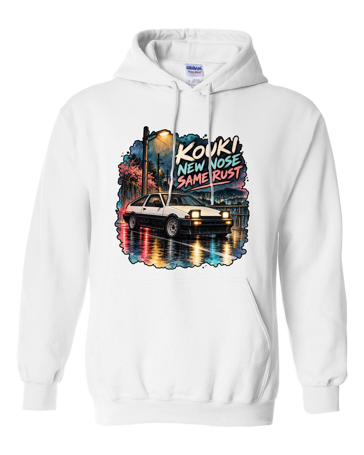 Watercolour wet street night scene with the Toyota AE86 Sprinter Trueno kouki white pull over hoodie front view with the design