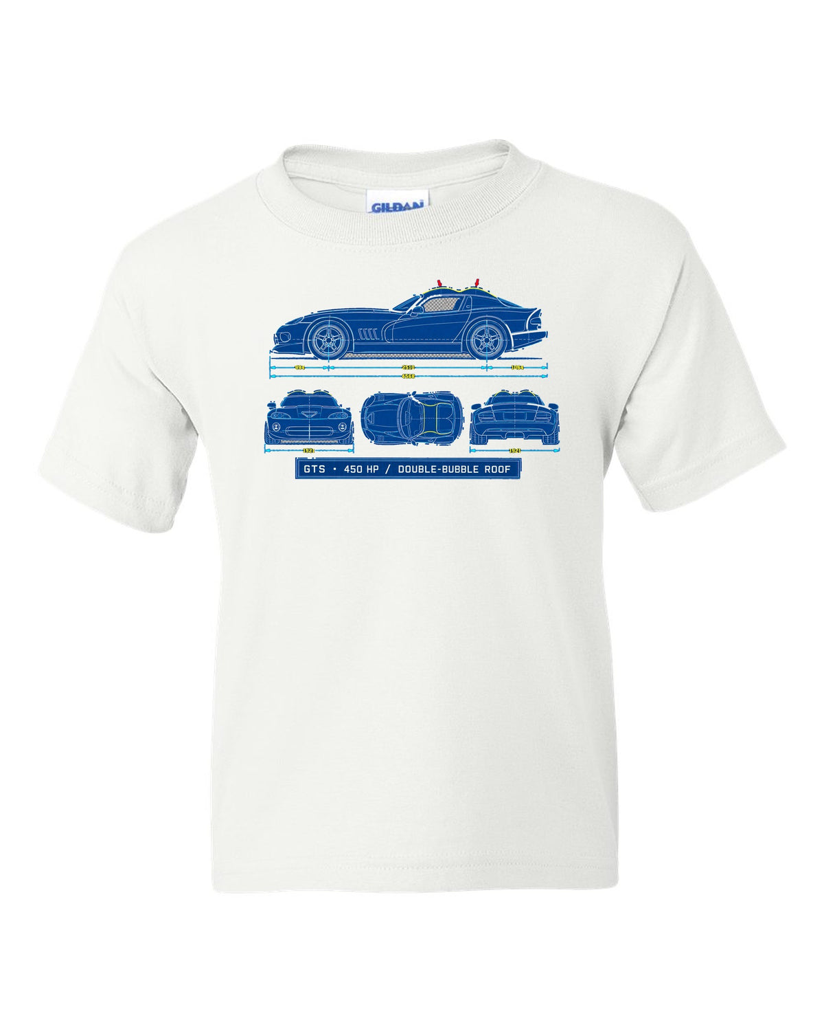 Cyanotype blueprint print of a 1996 Dodge Viper GTS SR II with double-bubble roof text white kids tee front view with the design