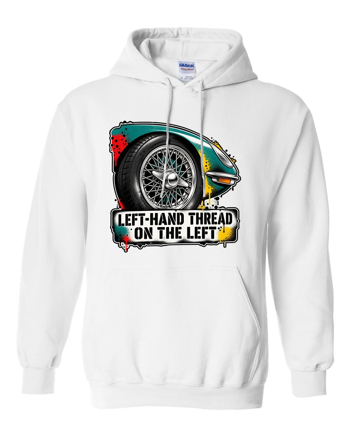 Jaguar E-Type Series 1 stencil spray with LEFT-HAND THREAD ON THE LEFT lettering white pull over hoodie front view with the design
