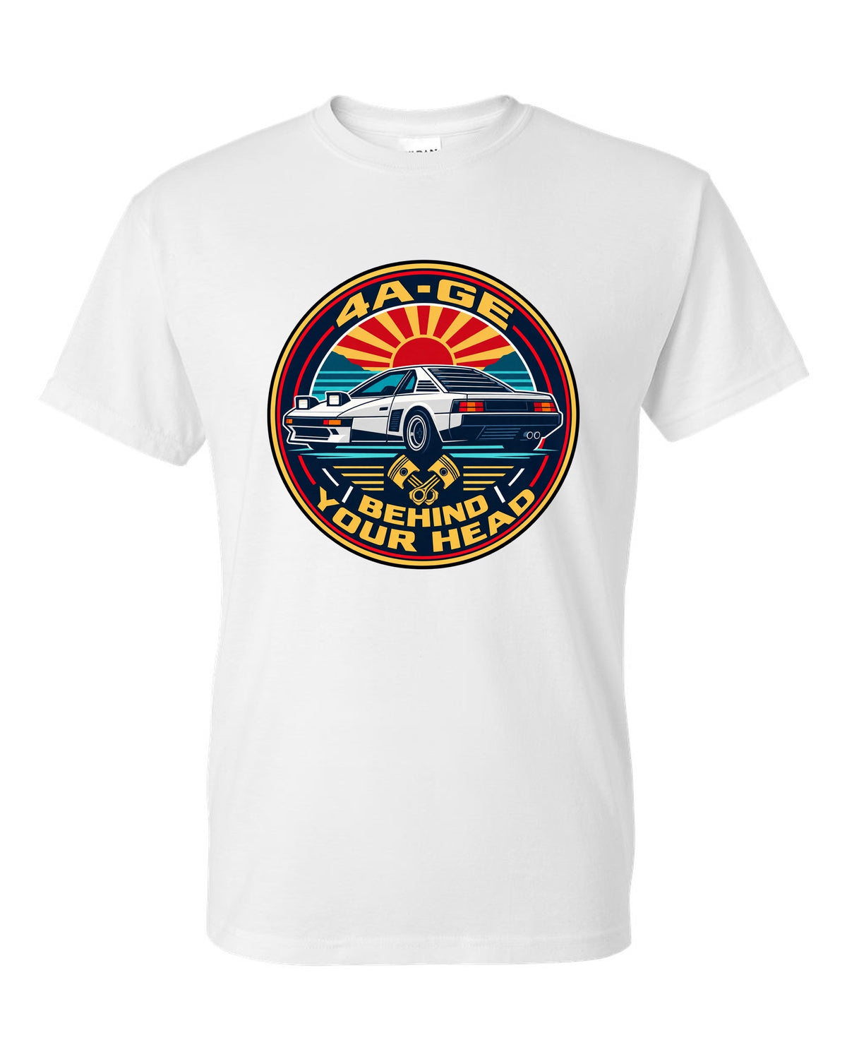 Round crest print of a Toyota MR2 AW11 with 4A-GE text white t-shirt front view with the design