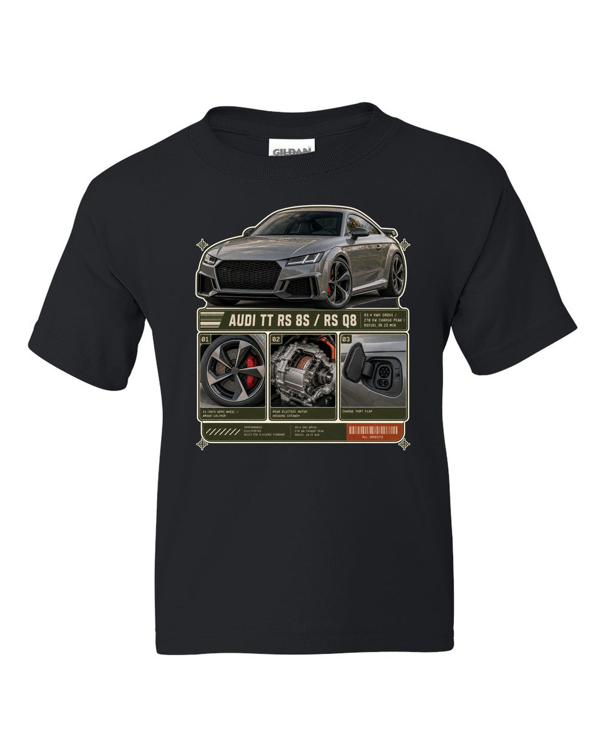 Audi RS e-tron GT dossier panels with wheel, motor and charge port print design black kids tee front view with the design