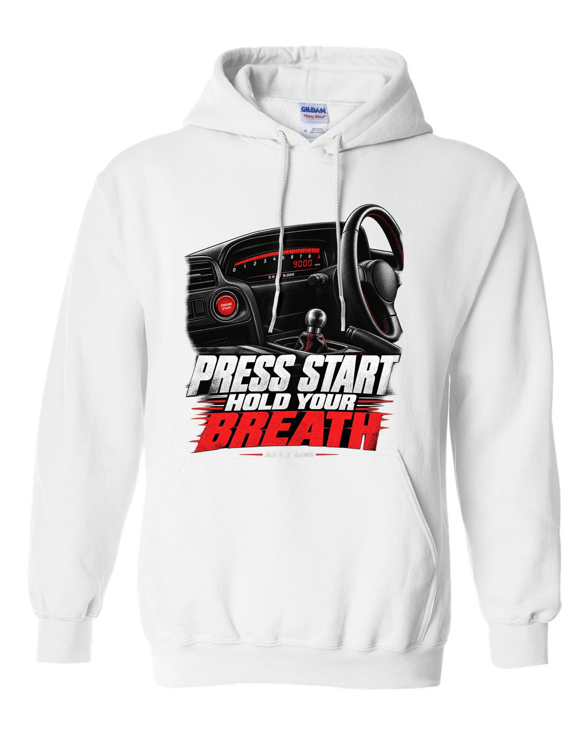 Honda S2000 AP1 roadster cockpit gauge design with press start text white pull over hoodie front view with the design