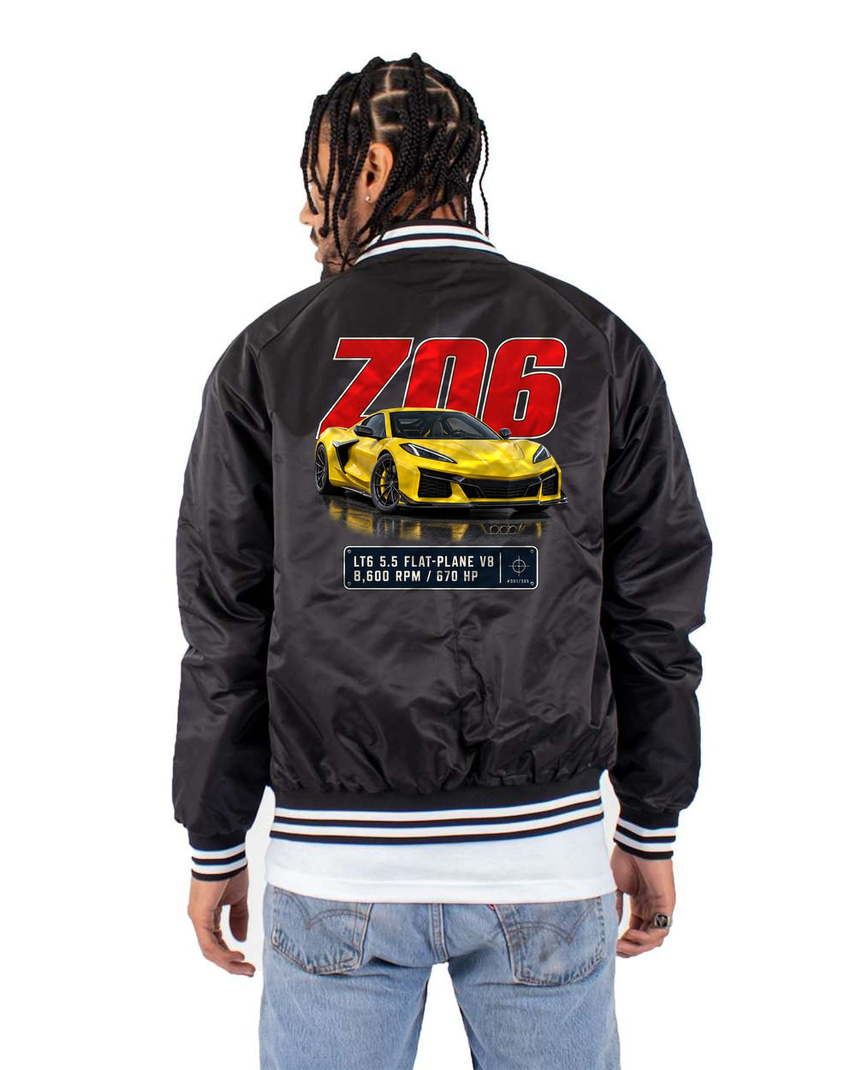 Chevrolet Corvette C8 Z06 Editorial Headline Tee, LT6 V8 Bomber Jacket Black back