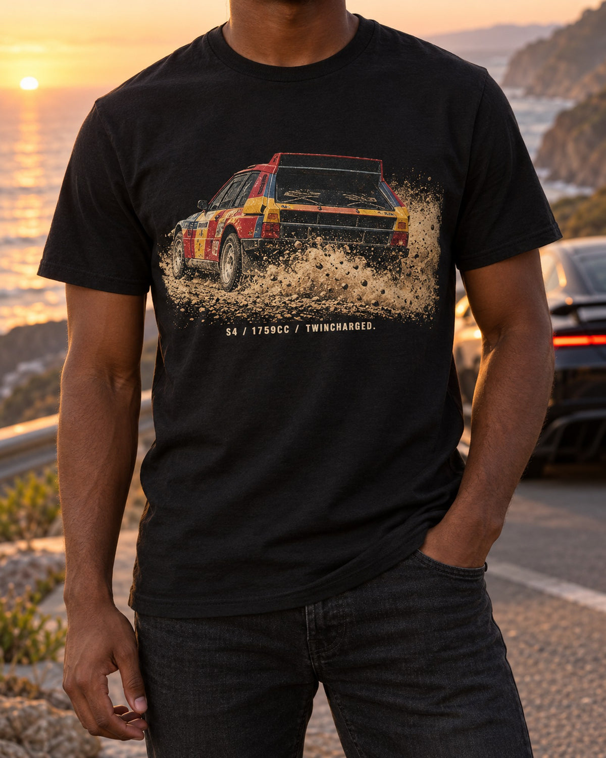 Lancia Delta S4 Twincharged Retro Manga Panel Car Shirt T-Shirt Black worn hero