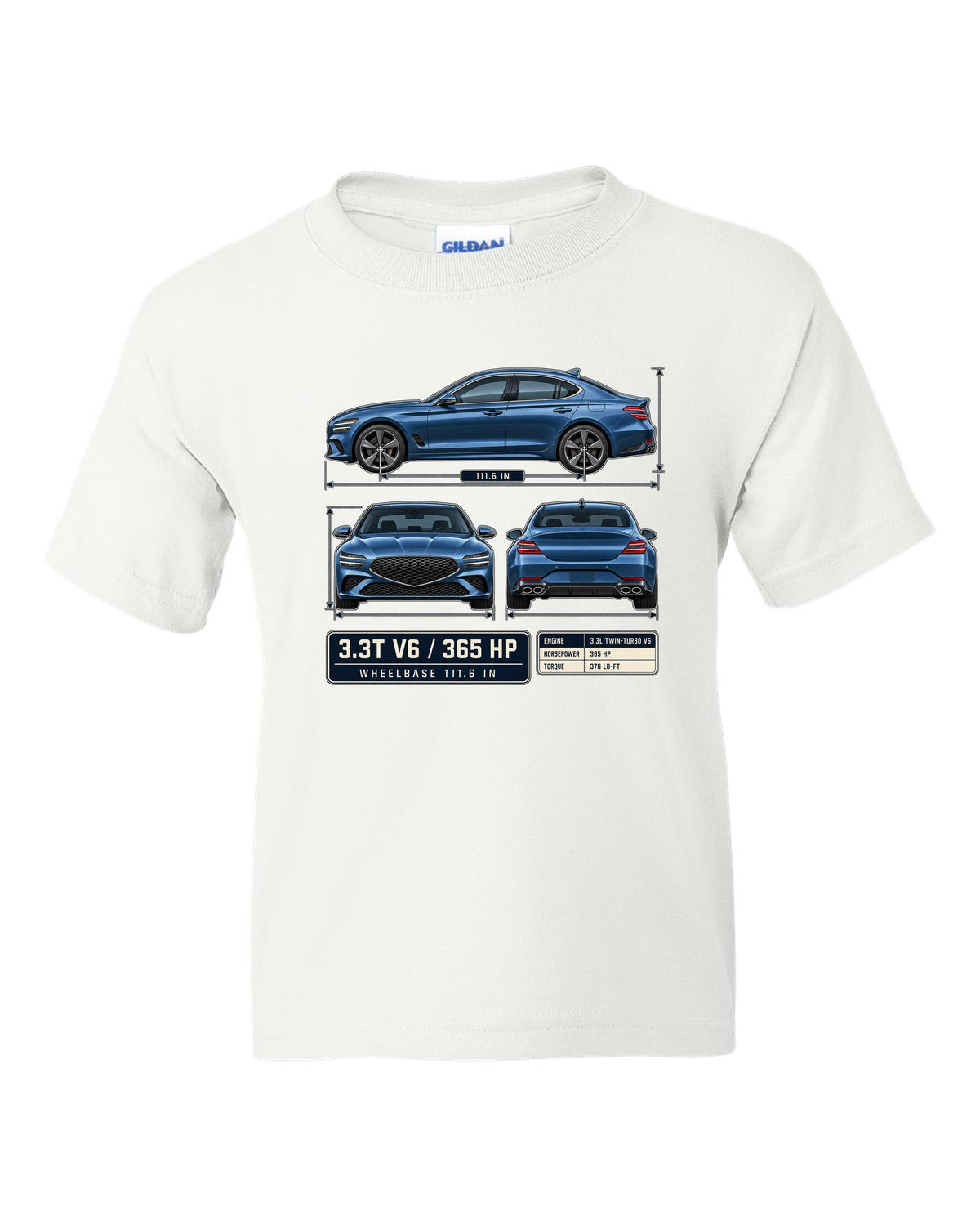 Dimension blueprint print of the Genesis G70 3.3T with V6 and 365 HP callouts white kids tee front view with the design