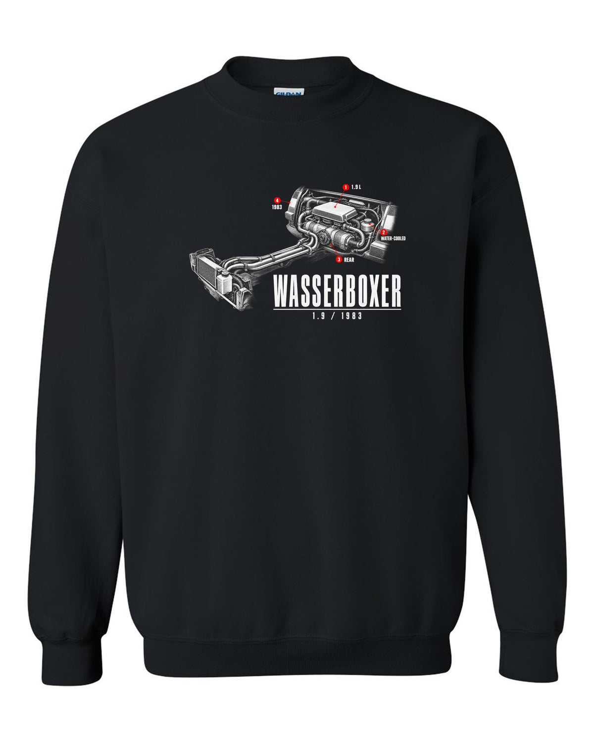Engine hero print of the VW T3 Wasserboxer 1.9 water-cooled boxer engine with 1983 text black crewneck front view with the design