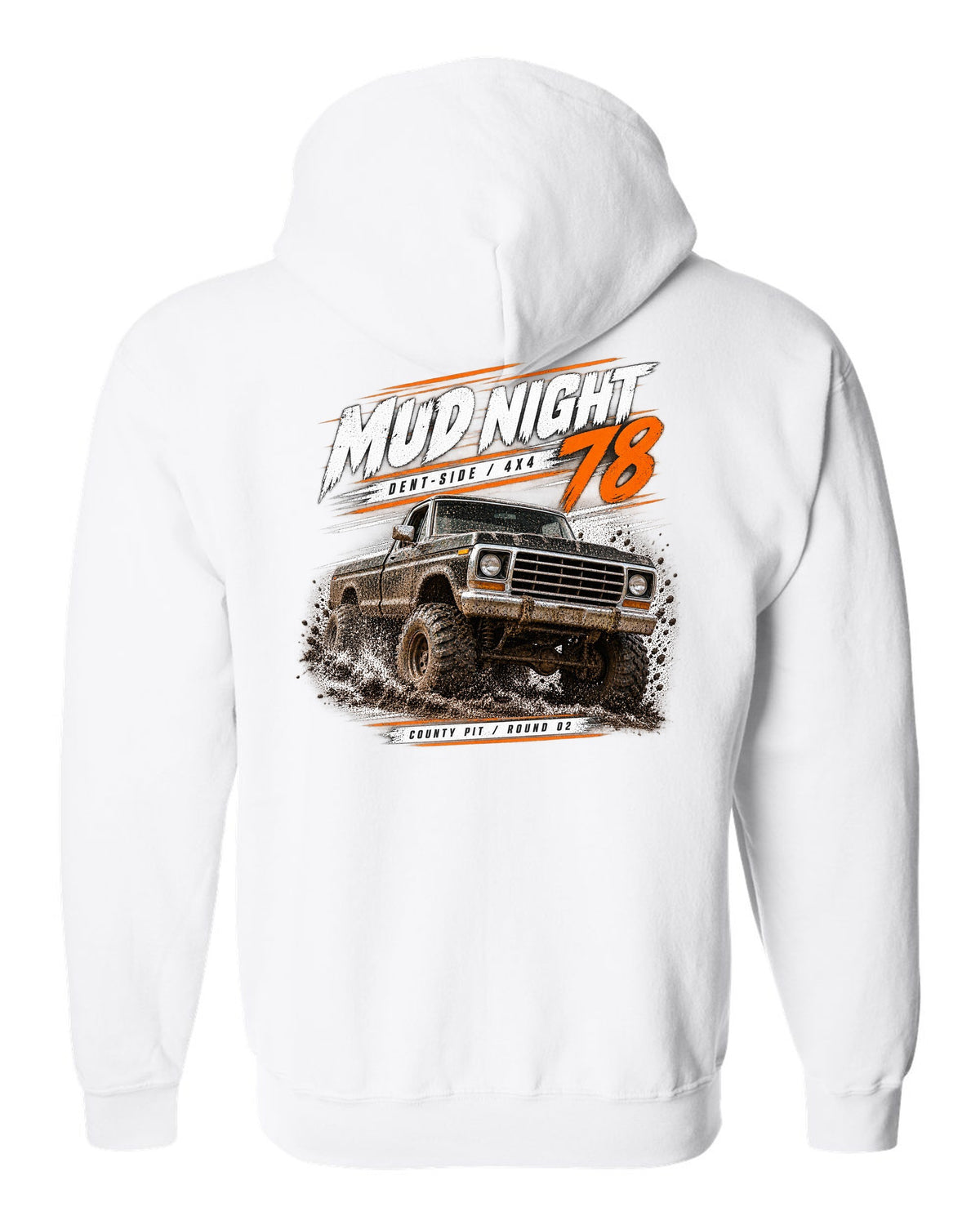 Ford F-150 Dent-Side 1973-79 4x4 Mud Night Race Poster Tee white zip hoodie back view with the design