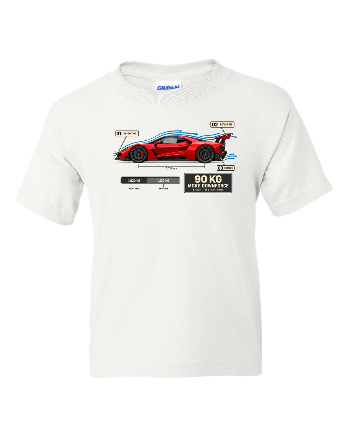 Bugatti Divo aero callouts diagram print about downforce versus Chiron white kids tee front view with the design
