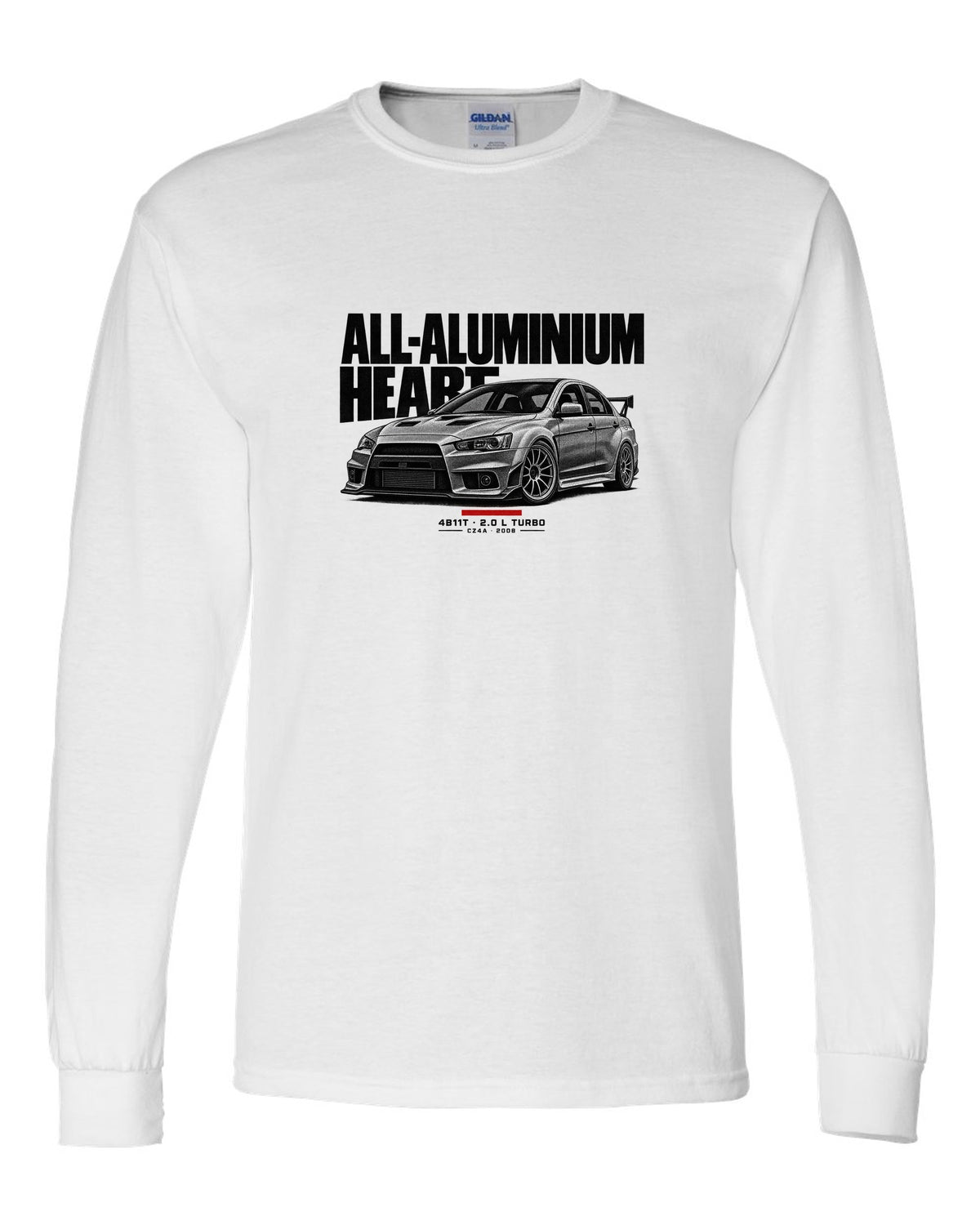 Halftone Mitsubishi Lancer Evolution X CZ4A with all-aluminium 4B11T text white long sleeve front view with the design