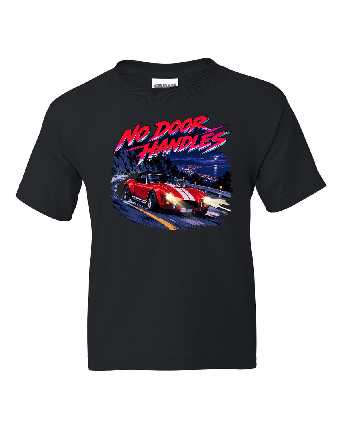 Cel-shaded anime night touge scene with a 1995 Dodge Viper RT/10 SR I and no door handles caption black kids tee front view with the design