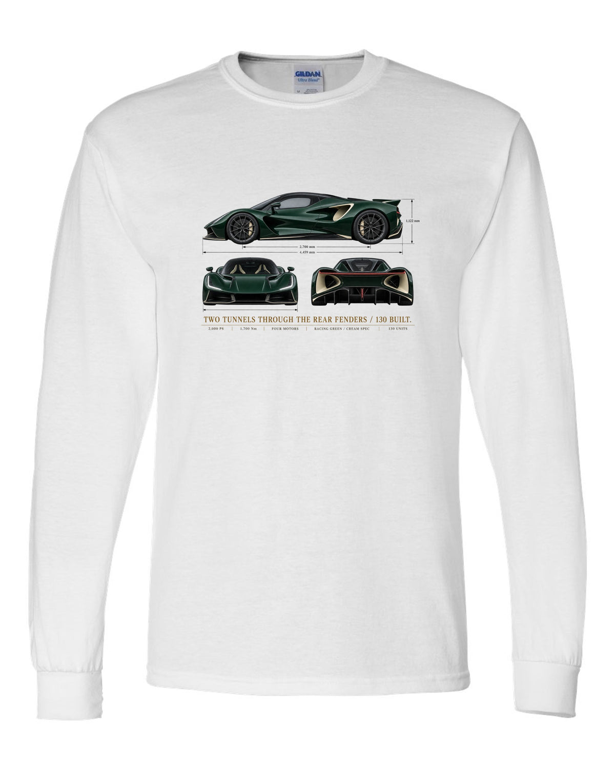 Lotus Evija three-view spec sheet print with two tunnels through the rear fenders and 130 built text white long sleeve front view with the design