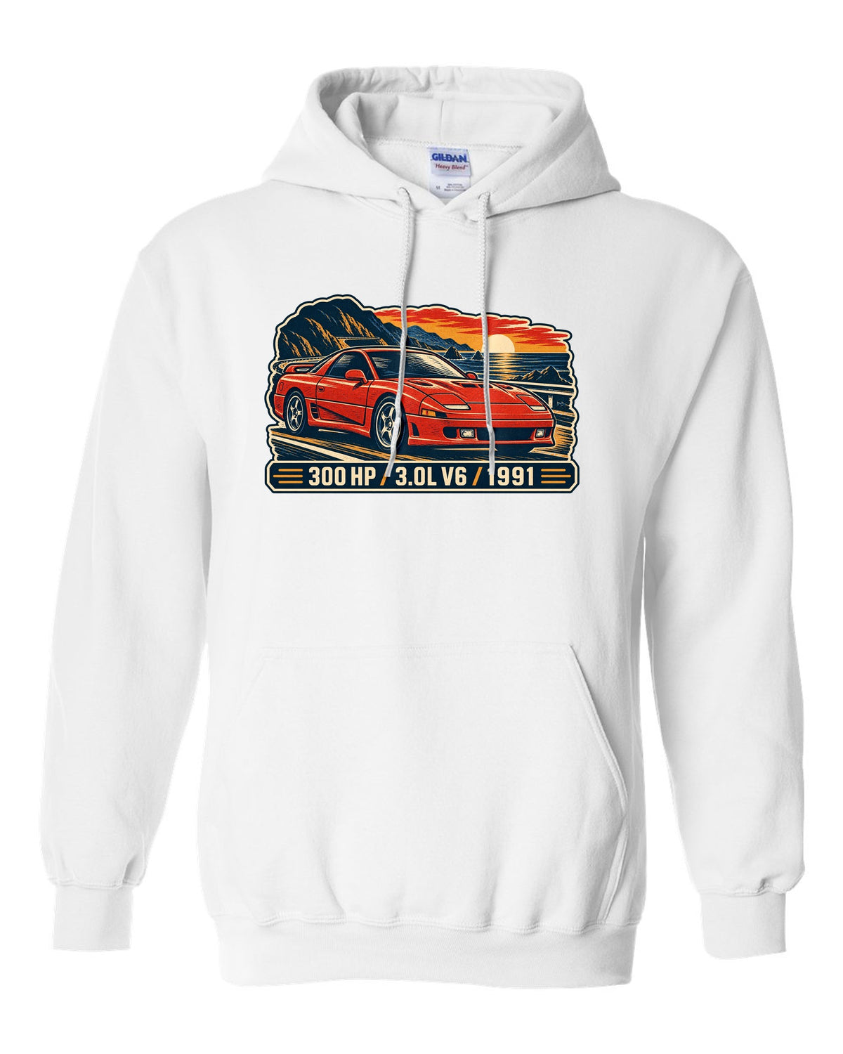 Linocut woodcut print of the Mitsubishi 3000GT VR-4 with 300 HP 3.0L V6 1991 text white pull over hoodie front view with the design