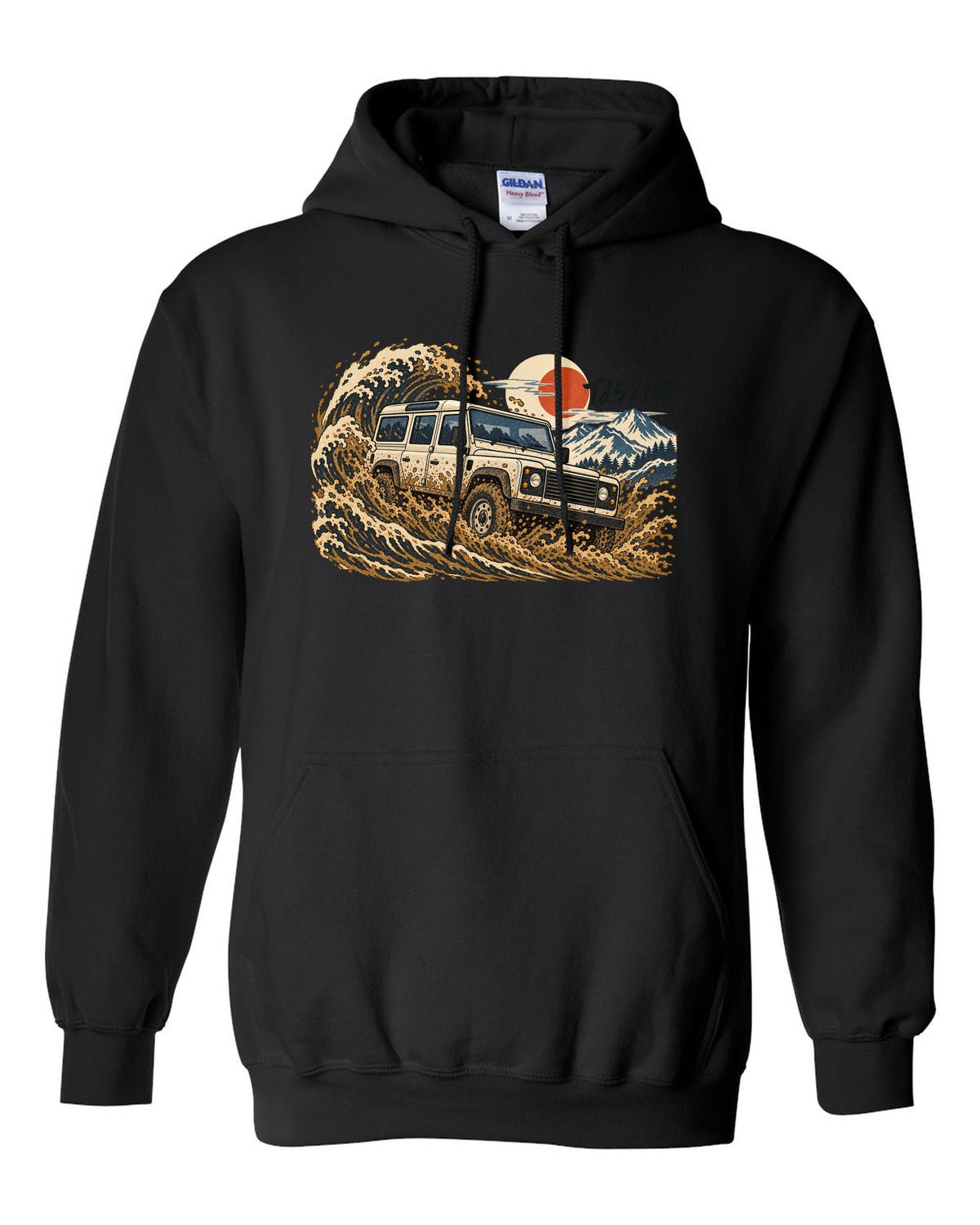 Ukiyo-e woodblock print of a Land Rover Defender 110 Td5 driving through a wave of mud black pull over hoodie front view with the design