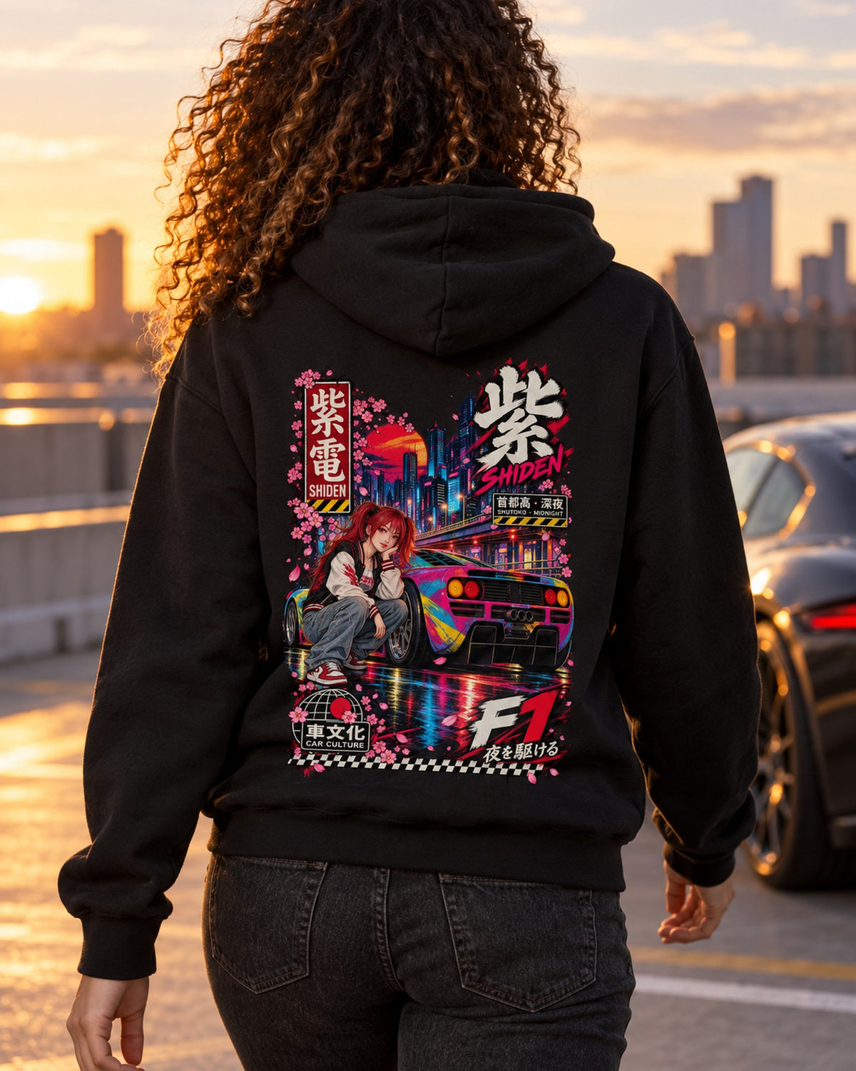 SHIDEN F1 Anime Girl Full-Back Graphic Tee Pull Over Hoodie Black worn hero