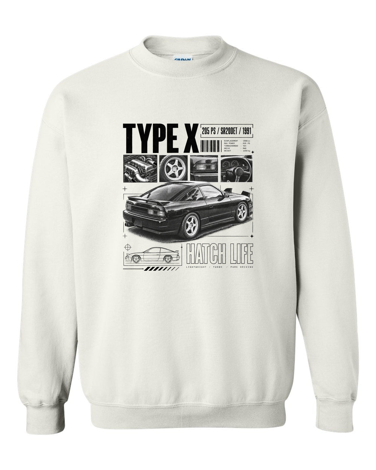 Dossier panels of a Nissan 180SX Type X with 205 PS, SR20DET and 1991 lettering white crewneck front view with the design