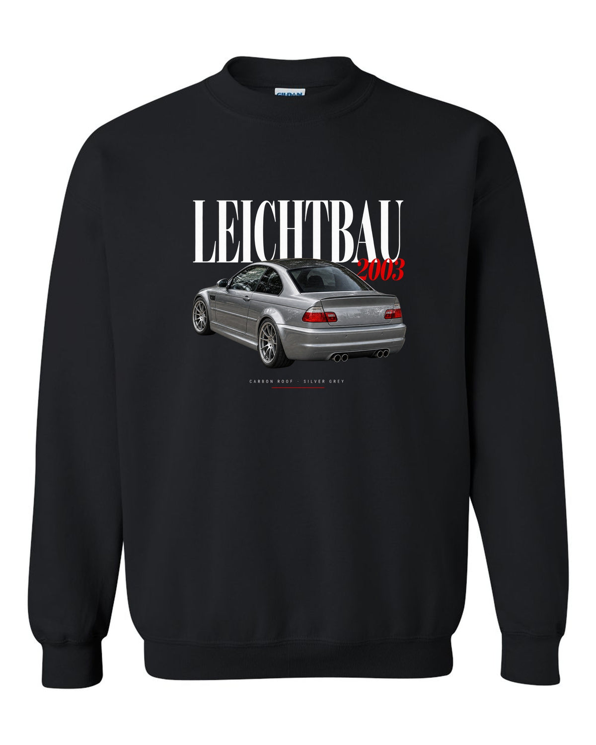 BMW E46 M3 CSL 2003 editorial headline print with Leichtbau carbon roof Silver Grey text black crewneck front view with the design
