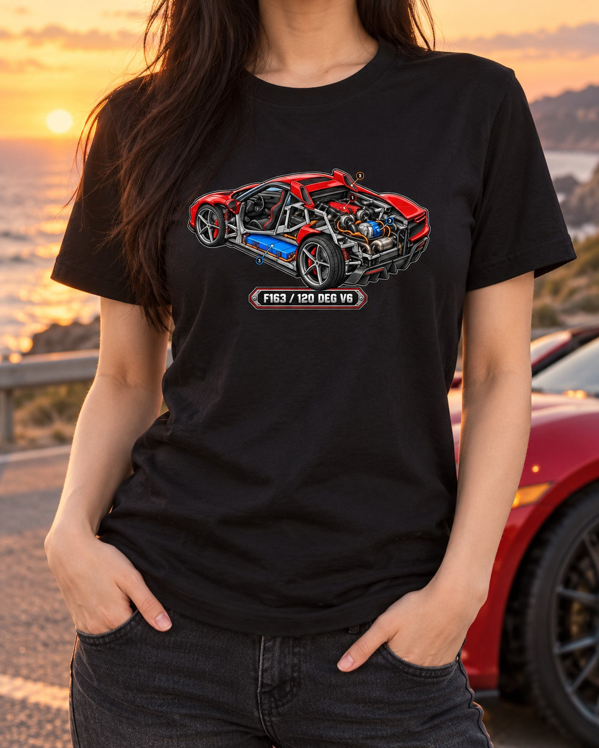 Ferrari 296 GTB F171 Hybrid V6 Cutaway print Tee T-Shirt Black worn hero