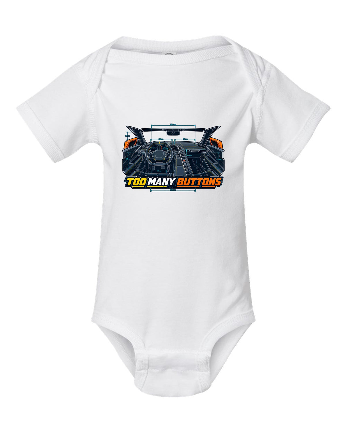 Blueprint line art print of a Chevrolet Corvette C8 Stingray cockpit with Too Many Buttons text white baby onesie front view with the design