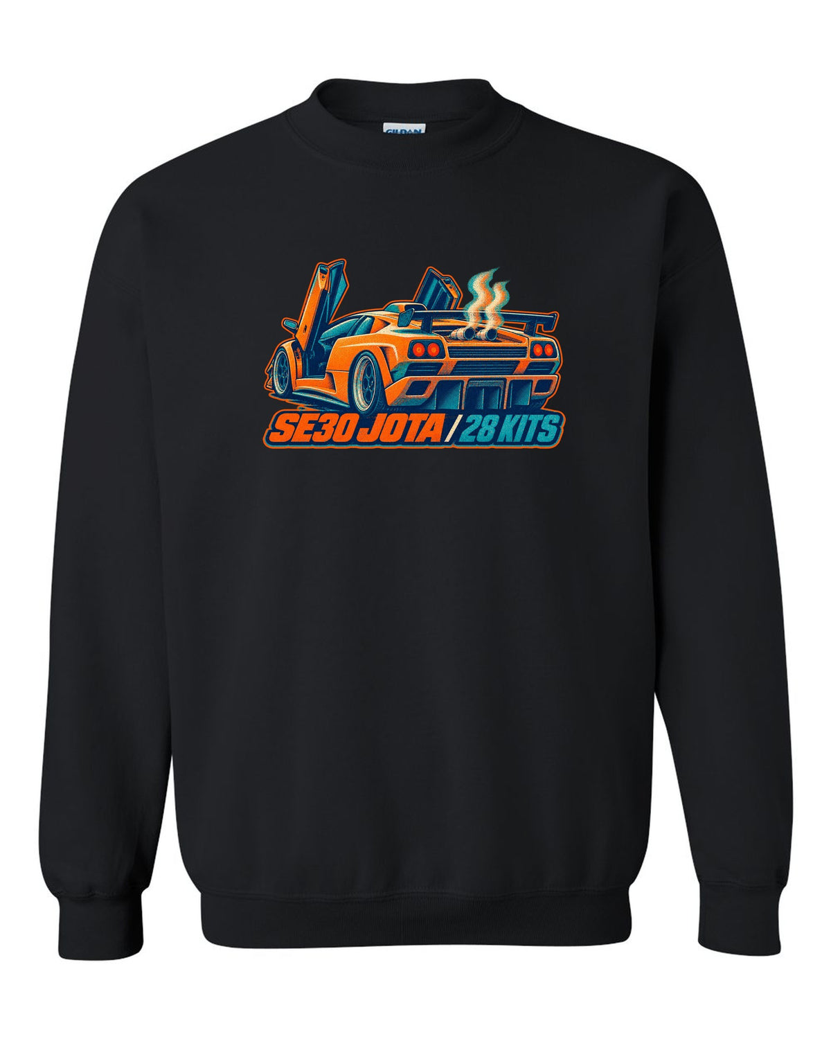 Risograph spot-colour print of a 1995 Lamborghini Diablo SE30 Jota with 28 kits lettering black crewneck front view with the design