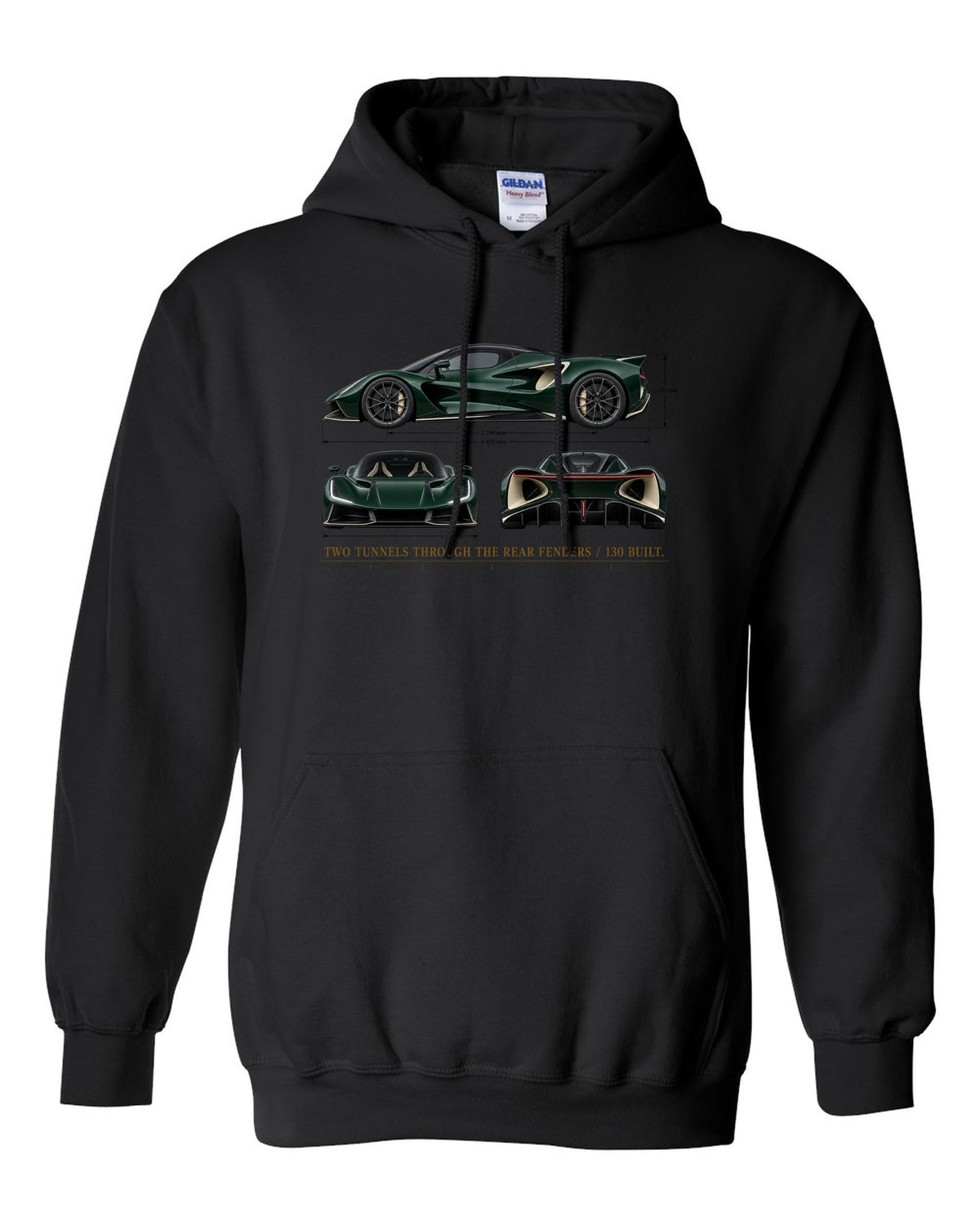 Lotus Evija three-view spec sheet print with two tunnels through the rear fenders and 130 built text black pull over hoodie front view with the design