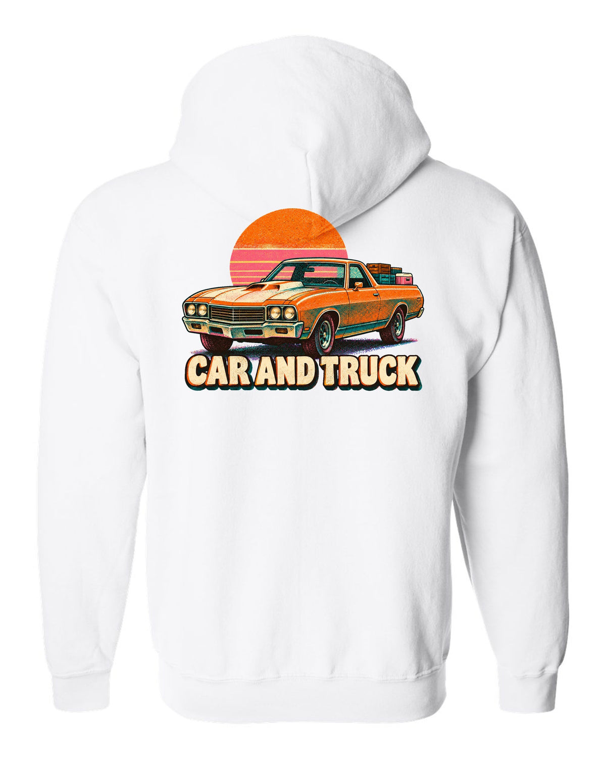 1970 Chevrolet El Camino SS 454 risograph spot-colour print reading Car and Truck white zip hoodie back view with the design