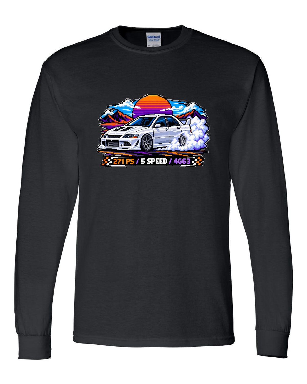 Pixel art burnout print of the Mitsubishi Evo VIII CT9A with 271 PS 5 speed 4G63 text black long sleeve front view with the design