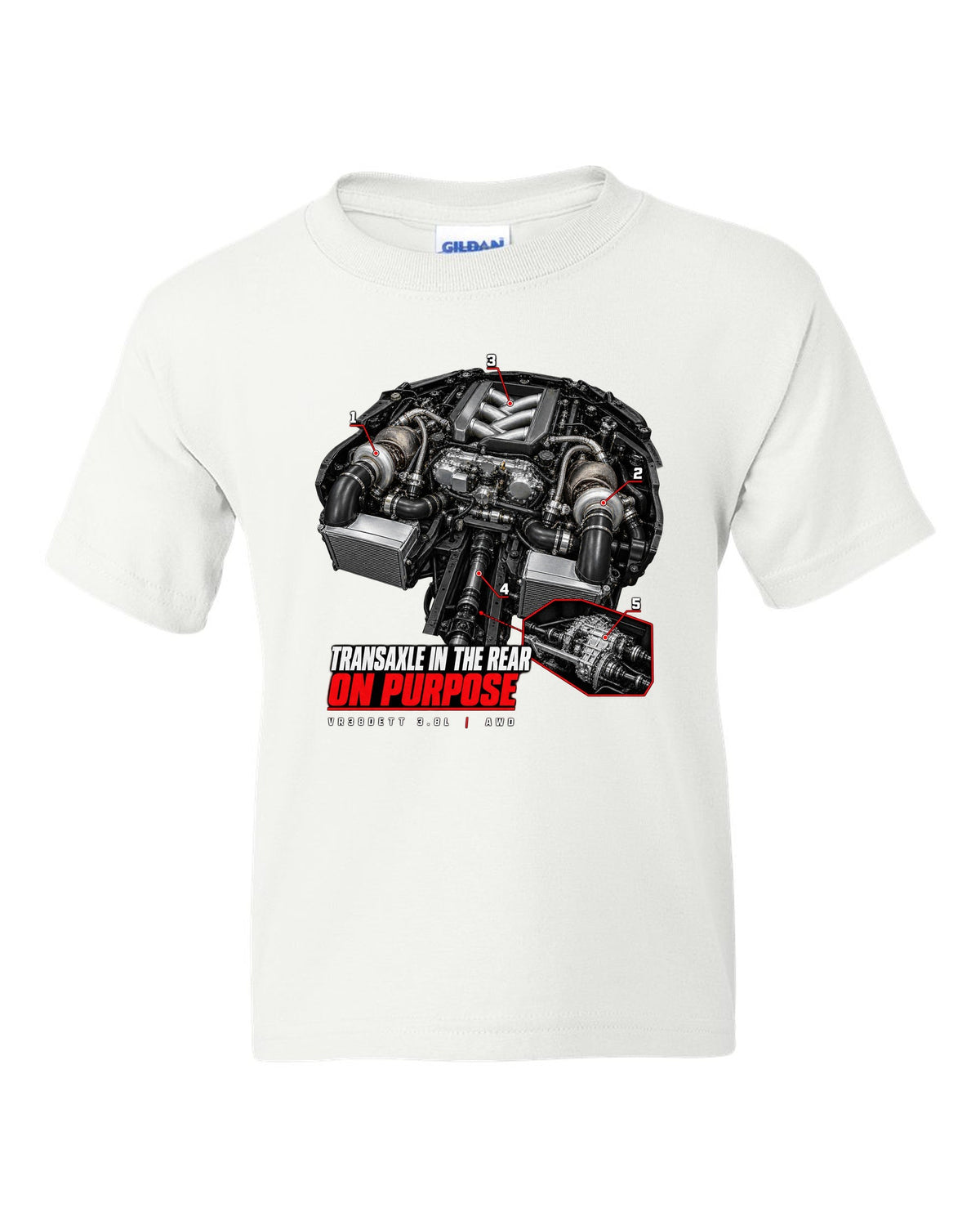 Engine hero diagram of a Nissan GT-R R35 with callout lines pointing to the rear transaxle white kids tee front view with the design
