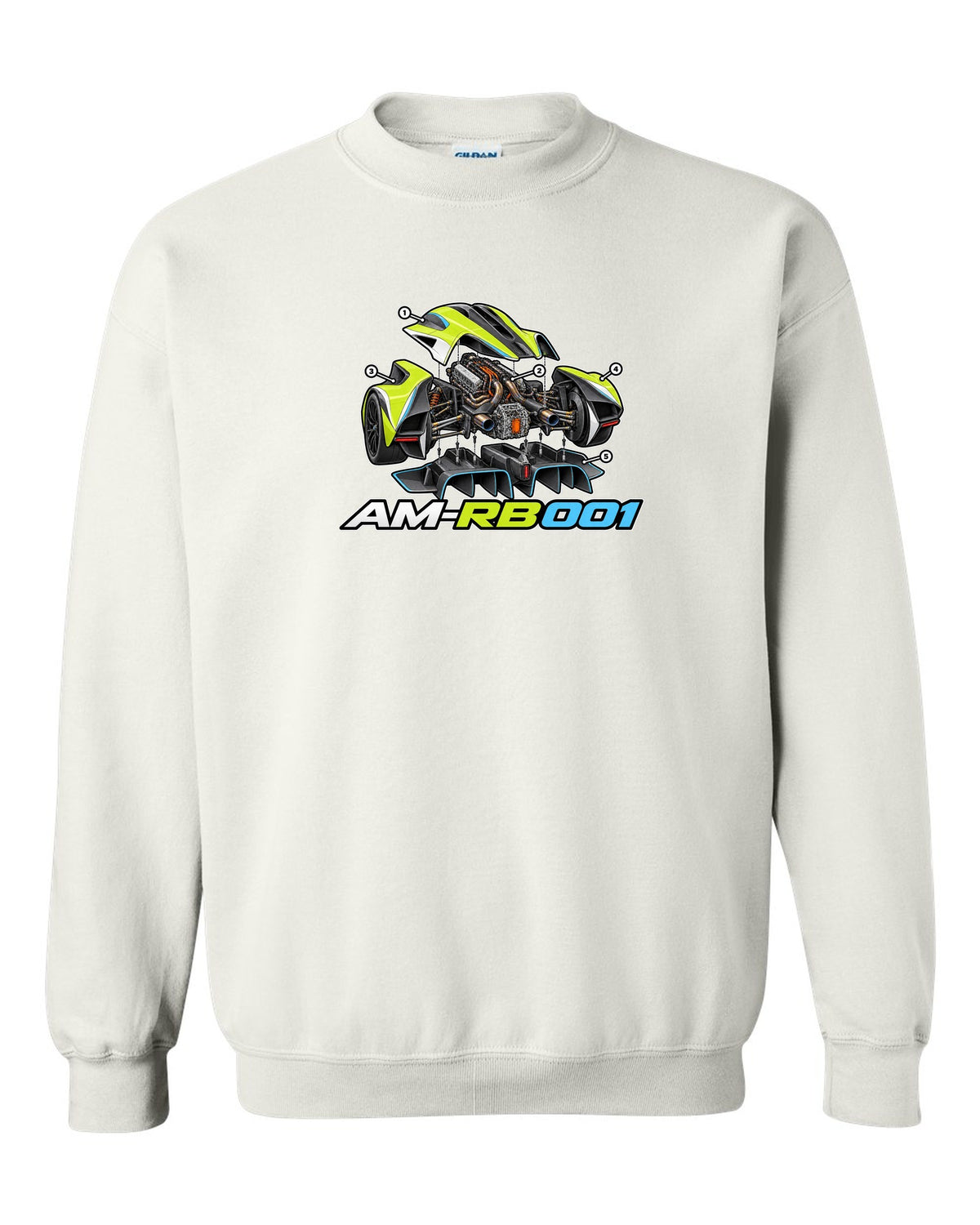 Aston Martin Valkyrie exploded isometric cutaway labelled AM-RB 001 white crewneck front view with the design