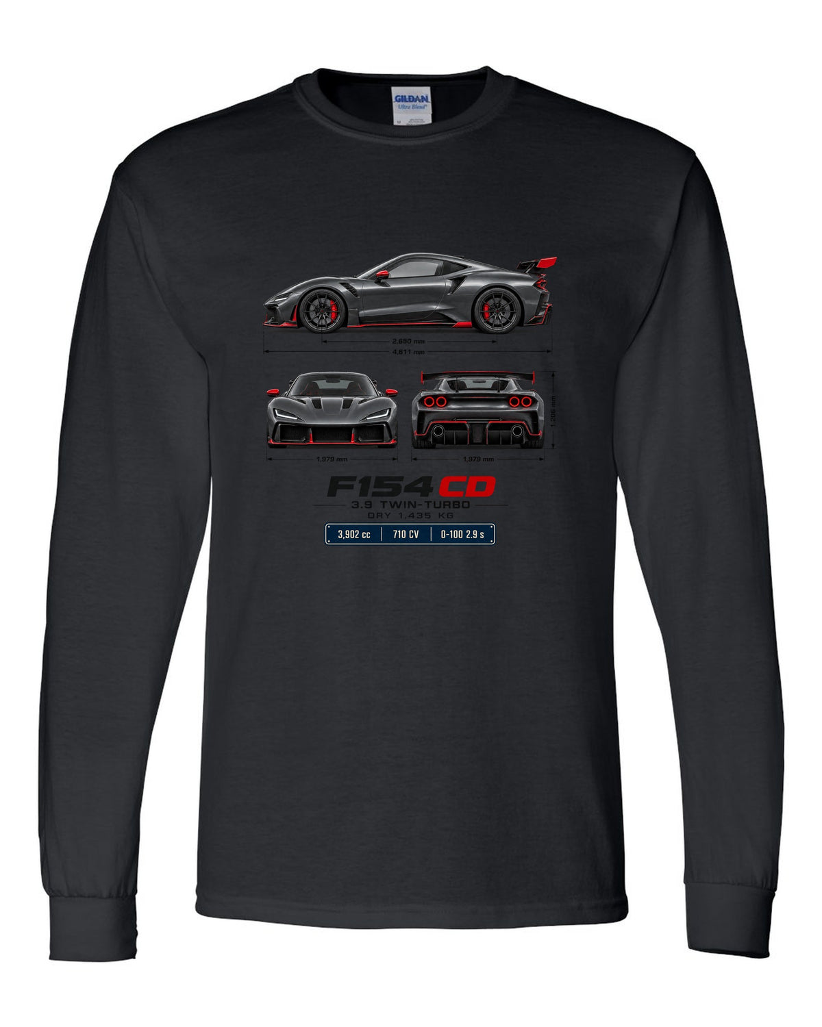 Ferrari F8 Tributo three-view spec table print with F154 CD engine code black long sleeve front view with the design