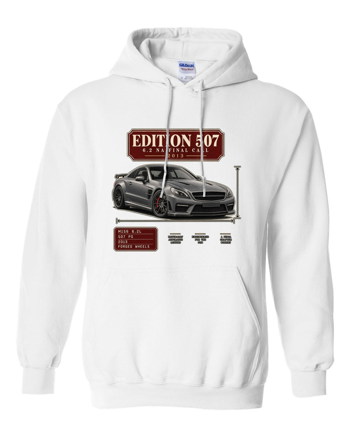 Archive panel print of a matte grey Mercedes-AMG C63 Edition 507 C204 white pull over hoodie front view with the design