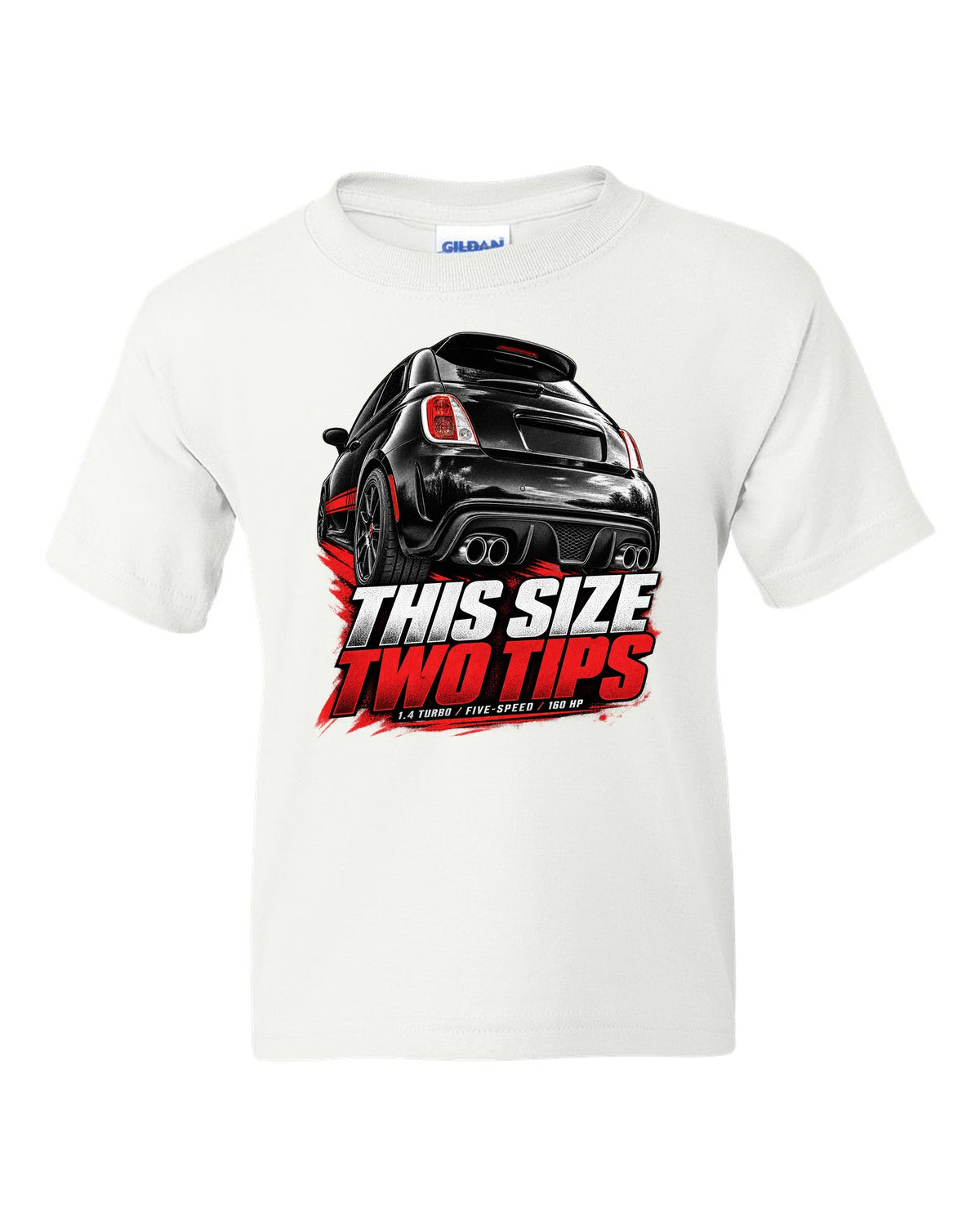 Low rear crop of a US Fiat 500 Abarth exhaust and diffuser on a print white kids tee front view with the design