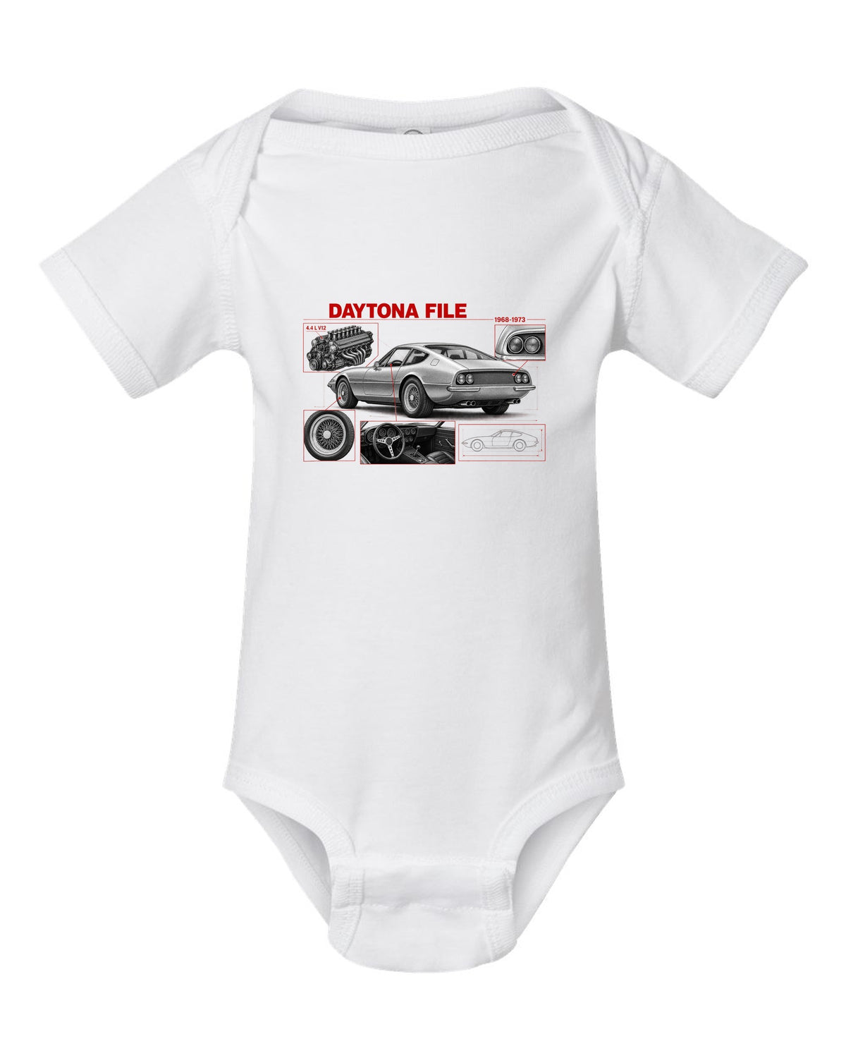 Engine hero print of a Ferrari 365 GTB/4 Daytona V12 with six twin-choke Weber carburettors white baby onesie front view with the design