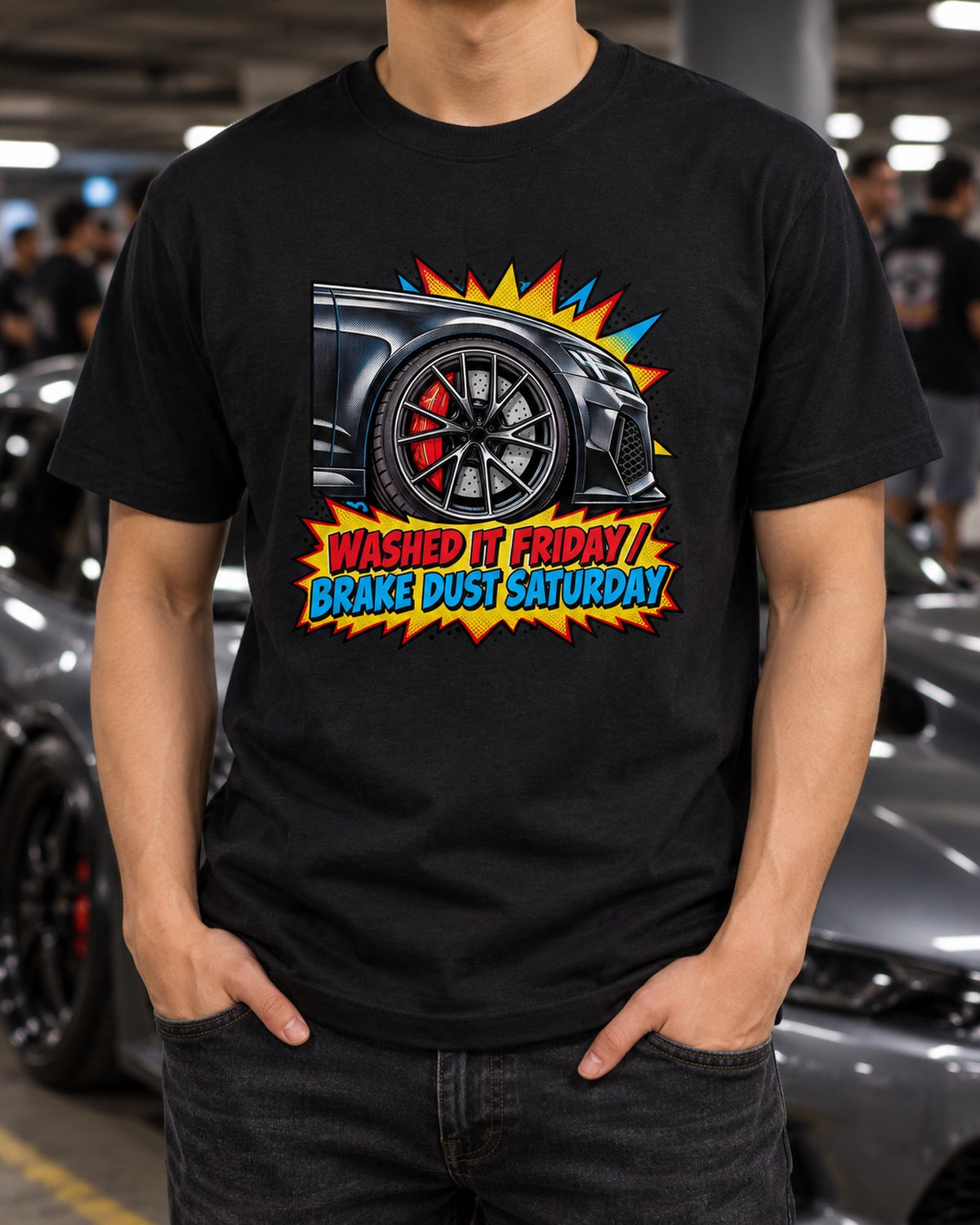 Audi RS6 Avant C8 Comic Halftone Shirt, Brake Dust Saturday T-Shirt Black worn hero