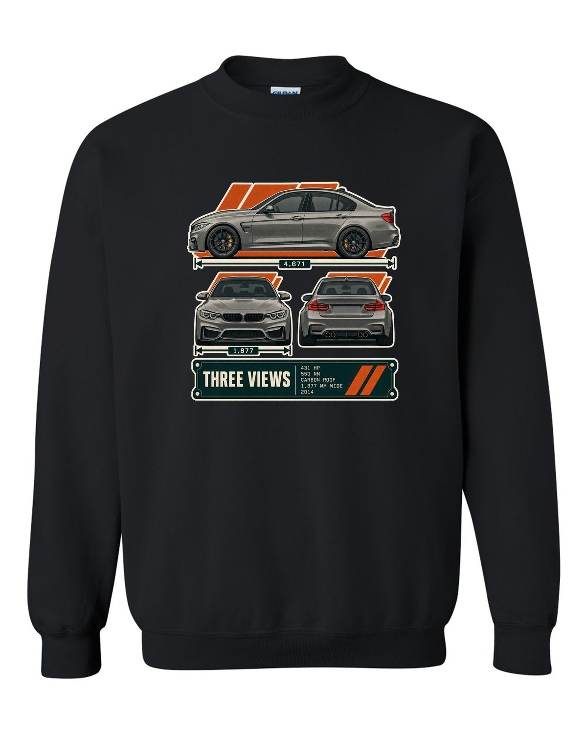 BMW M3 F80 three-view drawing with spec table print black crewneck front view with the design