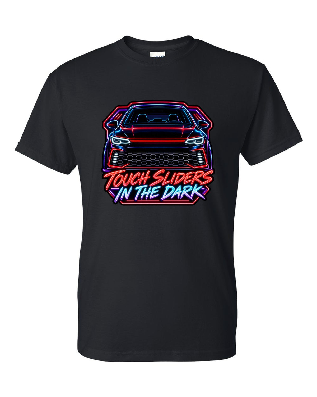 Neon sign line art of a VW Golf Mk8 GTI with touch sliders in the dark text black t-shirt front view with the design