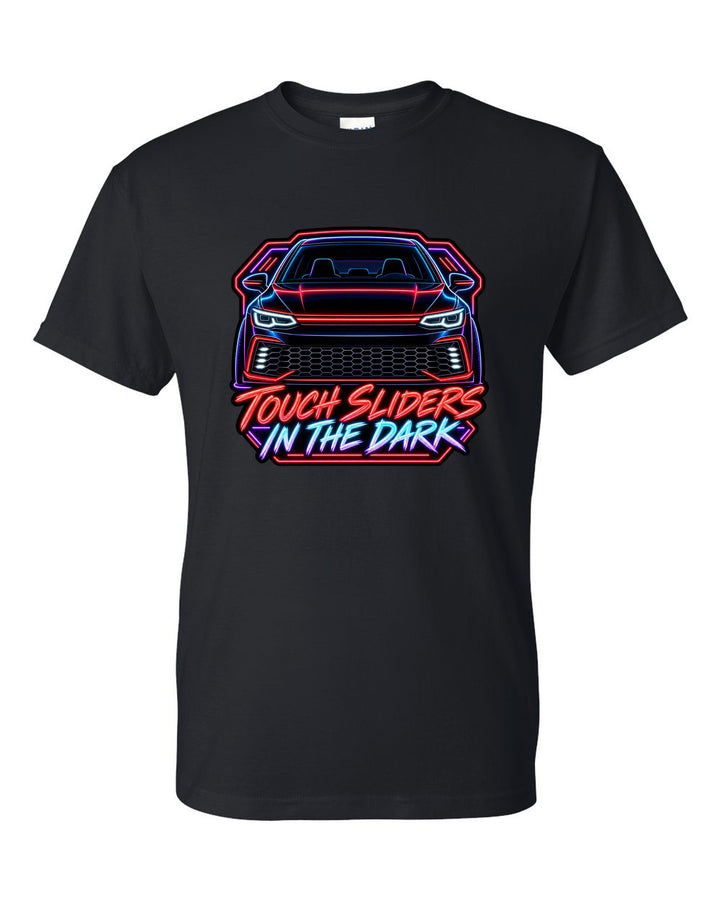 Neon sign line art of a VW Golf Mk8 GTI with touch sliders in the dark text black t-shirt front view with the design