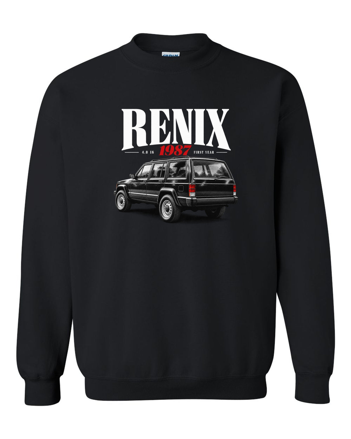 Jeep Cherokee XJ editorial headline print about the 1987 Renix 4.0 I6 black crewneck front view with the design