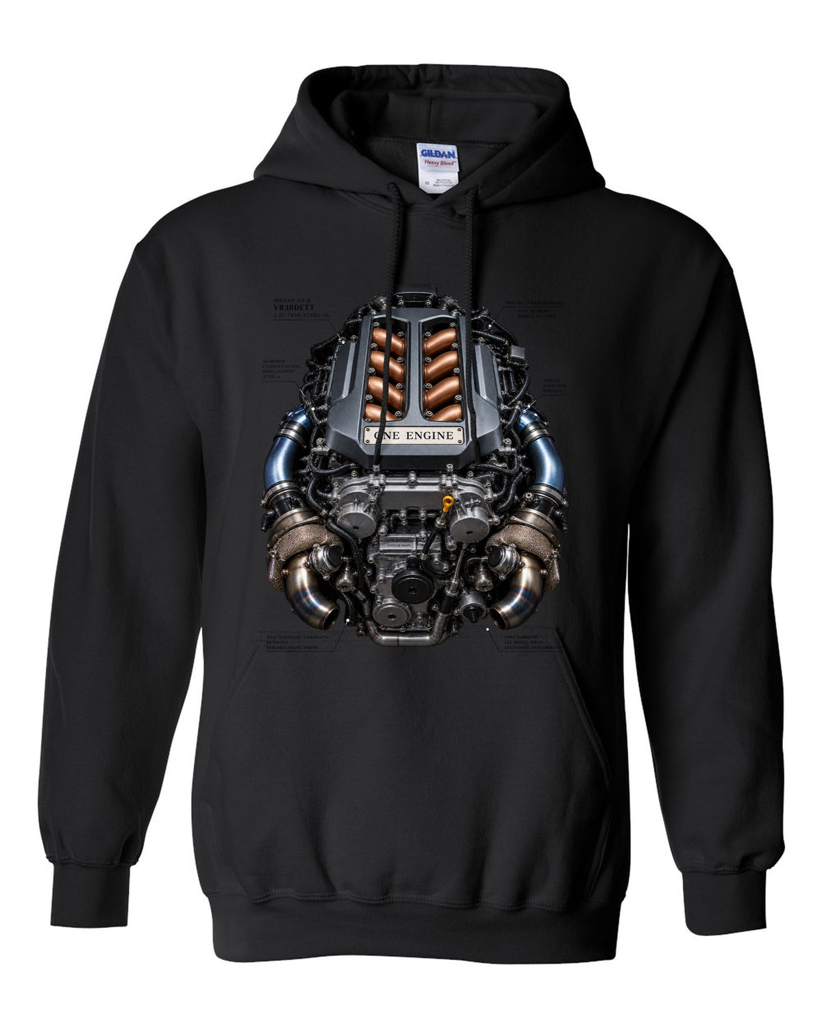 Nissan GT-R VR38DETT twin-turbo V6 engine bay illustration, print design black pull over hoodie front view with the design