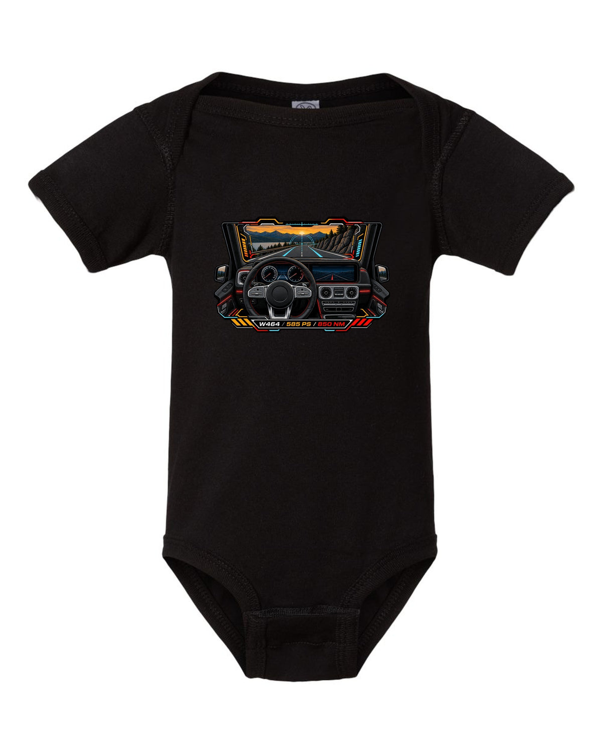 Gauge-cluster HUD graphic reading W464 585 PS 850 NM for the Mercedes G63, print black baby onesie front view with the design