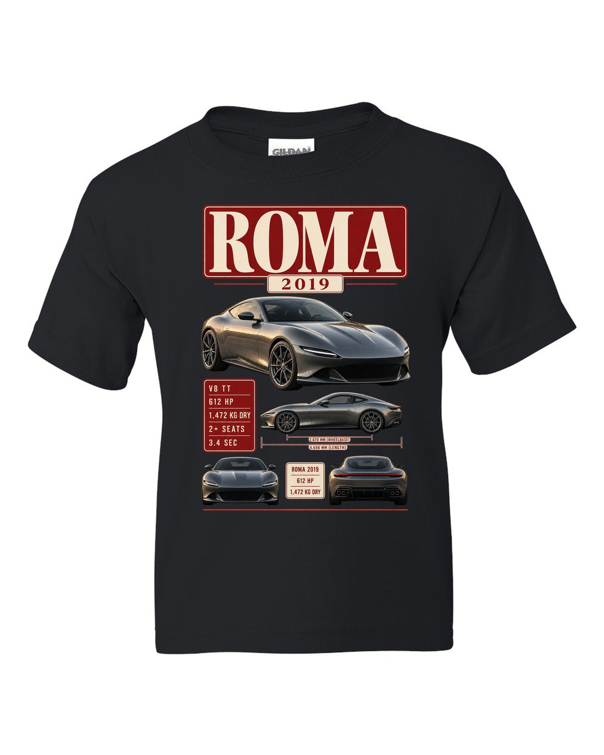 Archive panel print of the Ferrari Roma with 2019 spec text black kids tee front view with the design