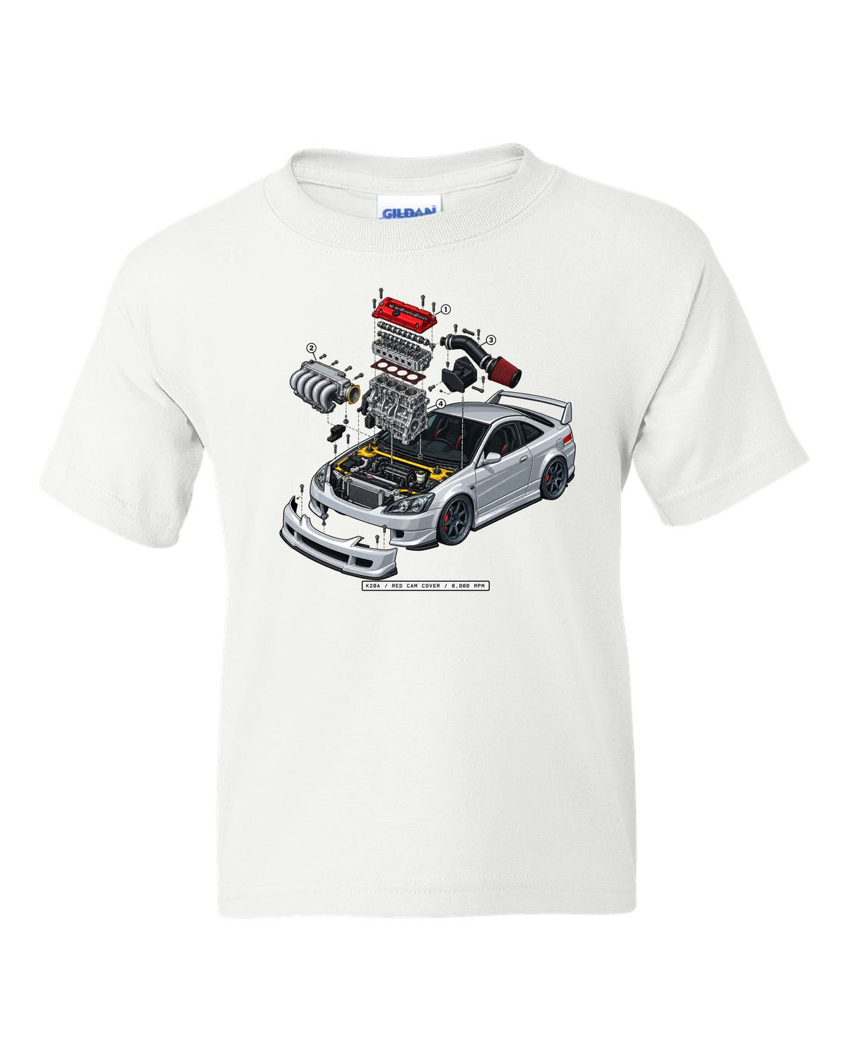 Exploded K20A engine diagram print of a 2002 Honda Integra DC5 ch with red cam cover text white kids tee front view with the design