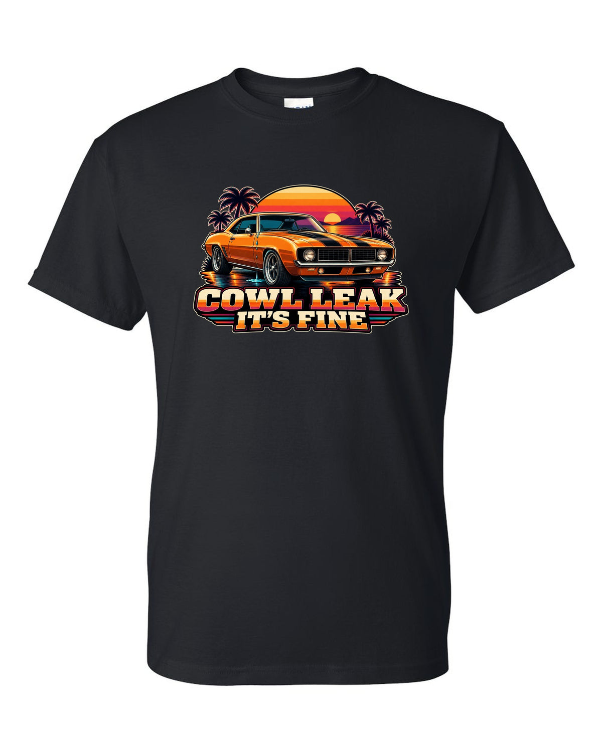 Retro banded sunset illustration of a 1969 Chevrolet Camaro coupe with cowl leak lettering black t-shirt front view with the design