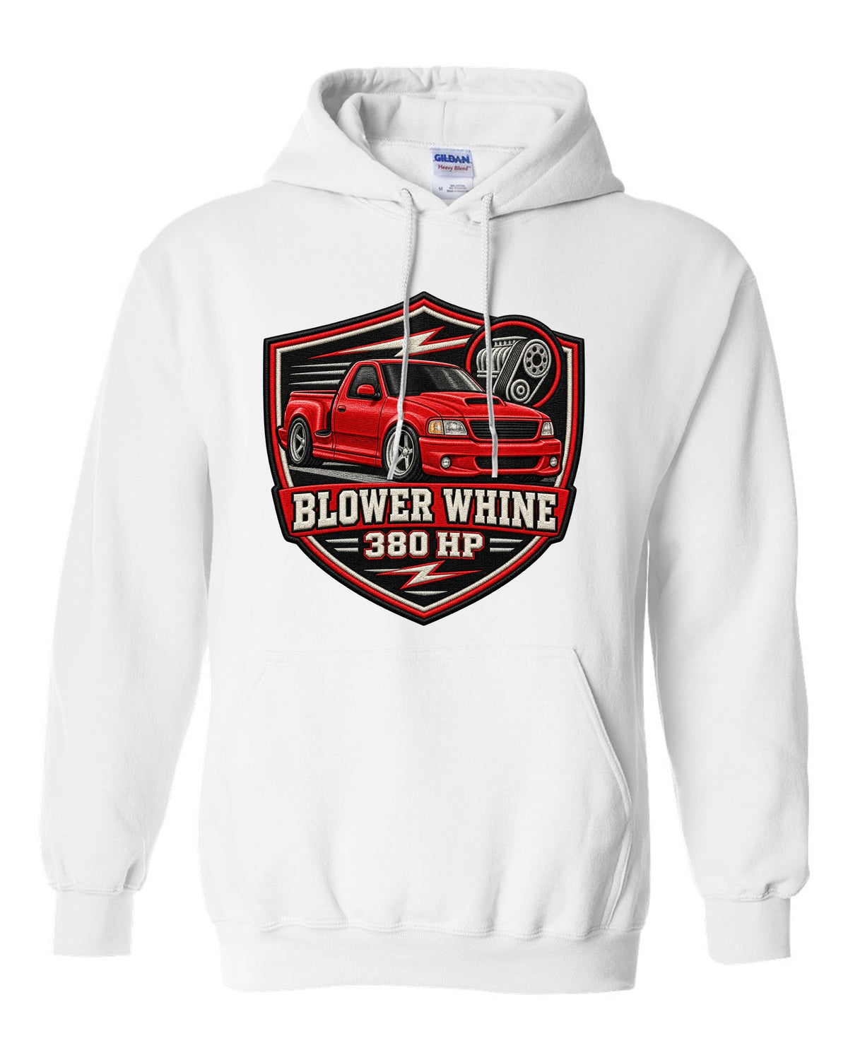 Ford F-150 SVT Lightning 1999-2004 in an embroidered varsity crest print white pull over hoodie front view with the design